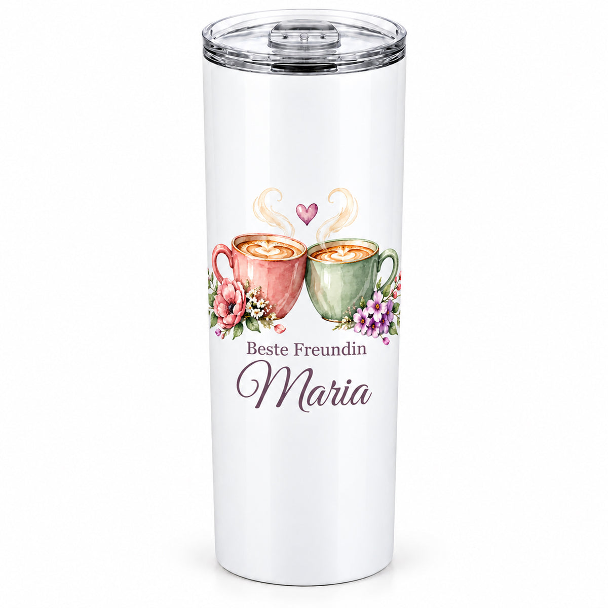 Weißer Thermobecher mit Motiv Kaffeeglück, Schriftzug Beste Freundin und Wunschname freigestellt auf weißem Hintergrund.