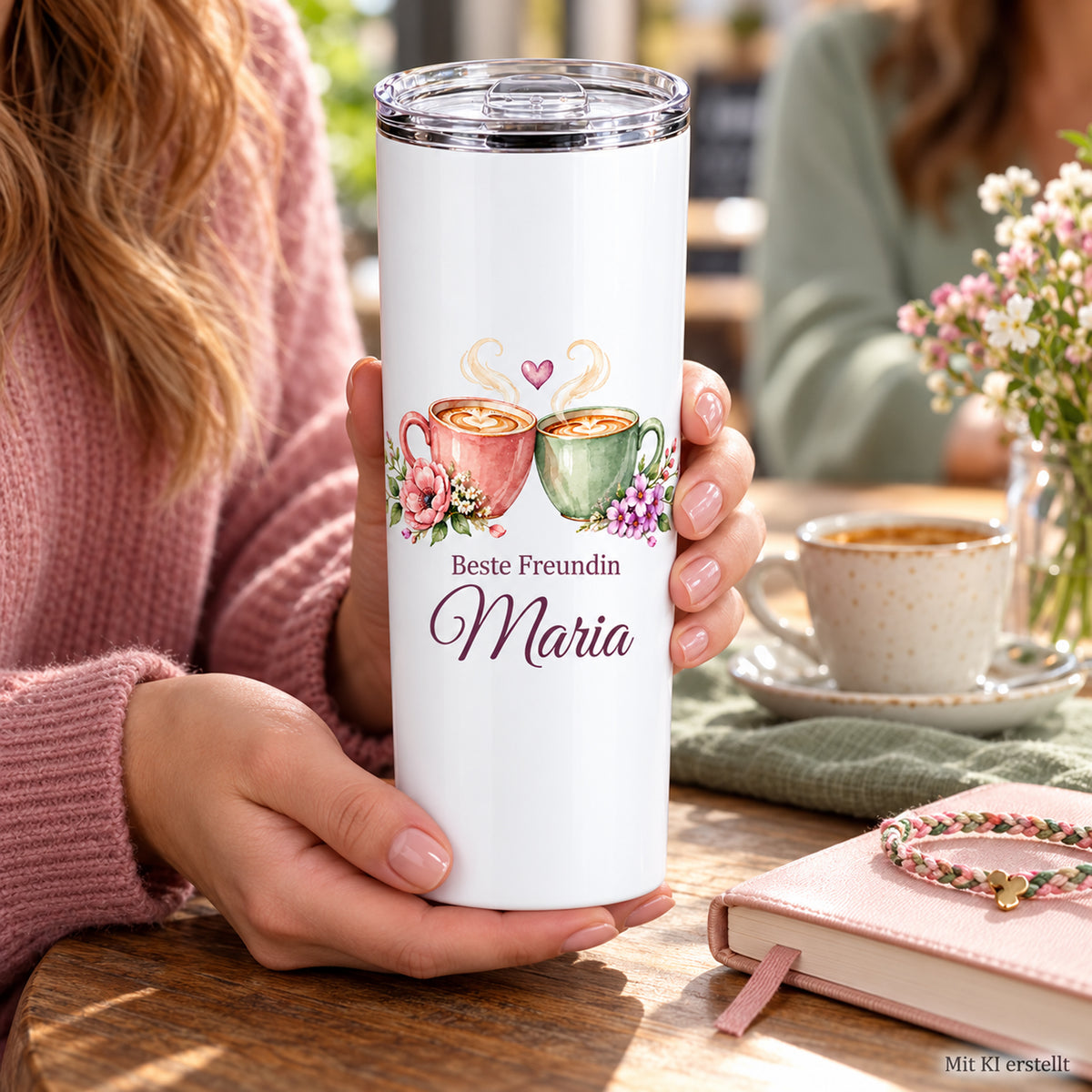 Weißer Thermobecher mit Motiv Kaffeeglück, Schriftzug Beste Freundin und Wunschname in Händen bei einer Kaffeepause; Kennzeichnung Mit KI erstellt.