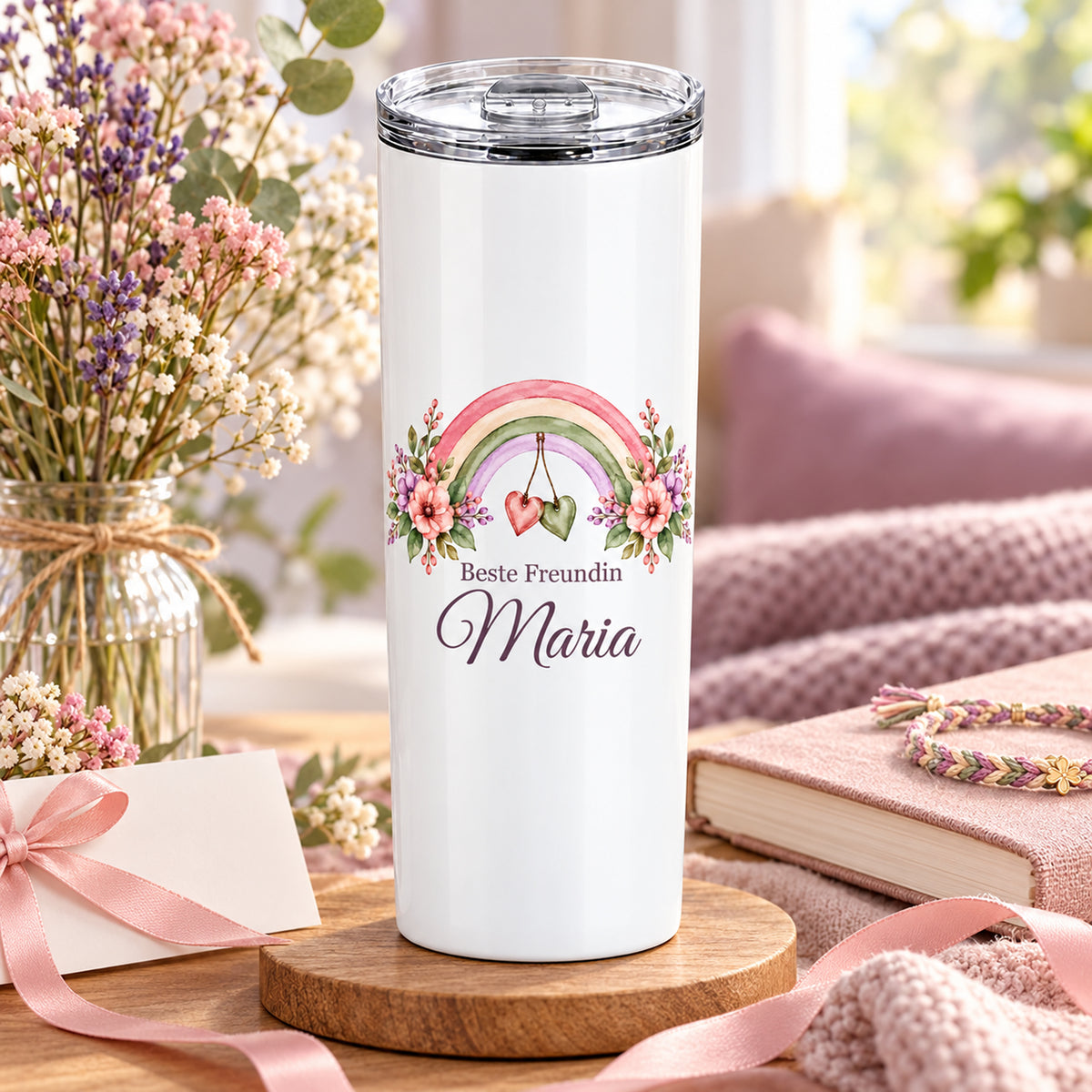 Weißer Thermobecher mit Motiv Regenbogenband, Schriftzug Beste Freundin und Wunschname auf einem dekorierten Geschenktisch.