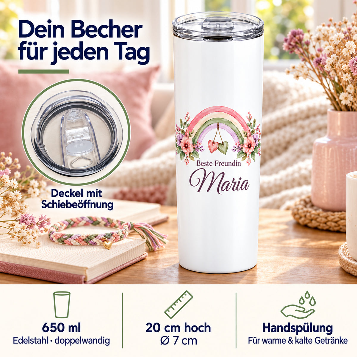 Weißer Thermobecher mit Motiv Regenbogenband, Schriftzug Beste Freundin und Wunschname mit Angaben zu 650 ml, Maßen, Deckel und Handspülung.