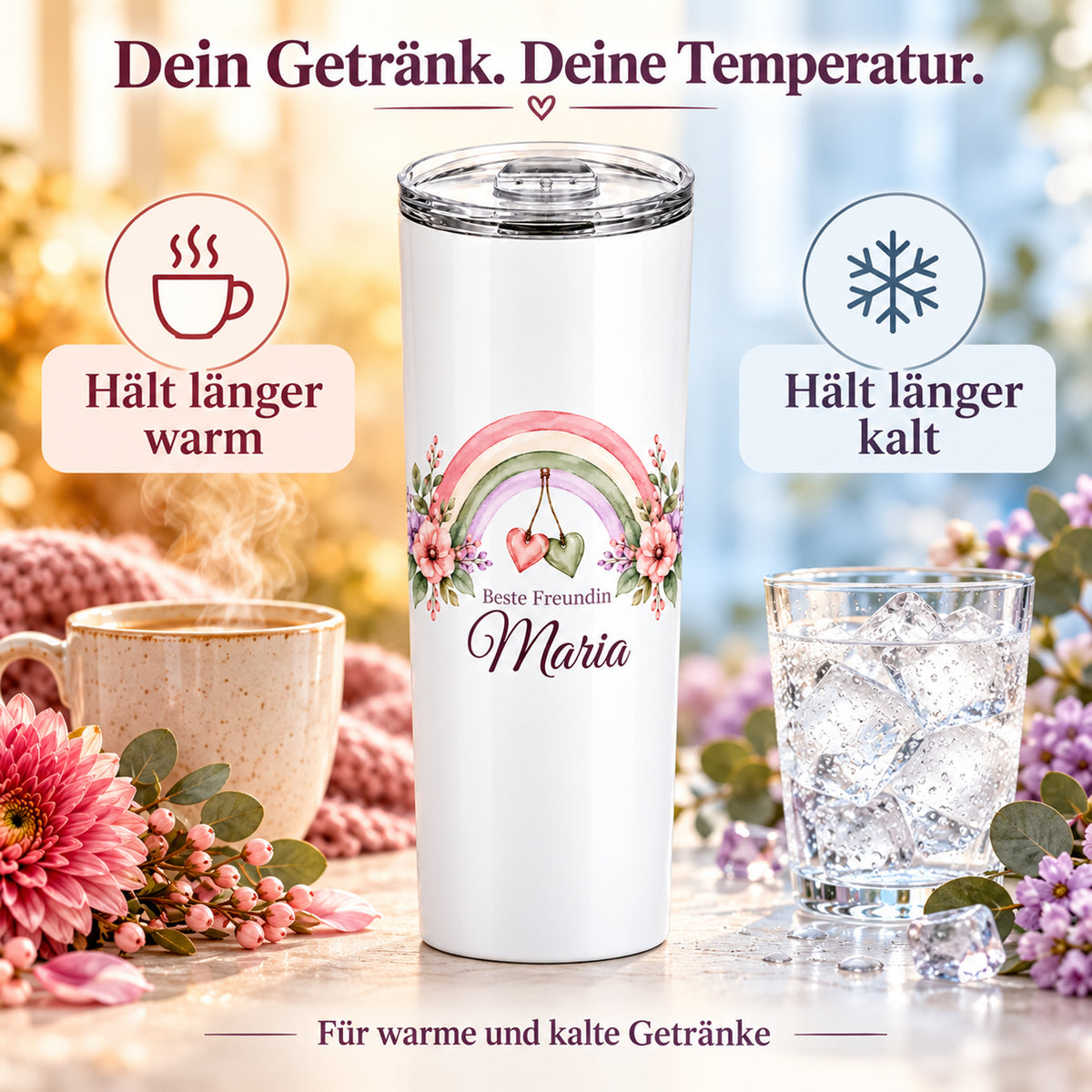 Weißer Thermobecher mit Motiv Regenbogenband, Schriftzug Beste Freundin und Wunschname mit Darstellung der Warm- und Kalthaltefunktion.