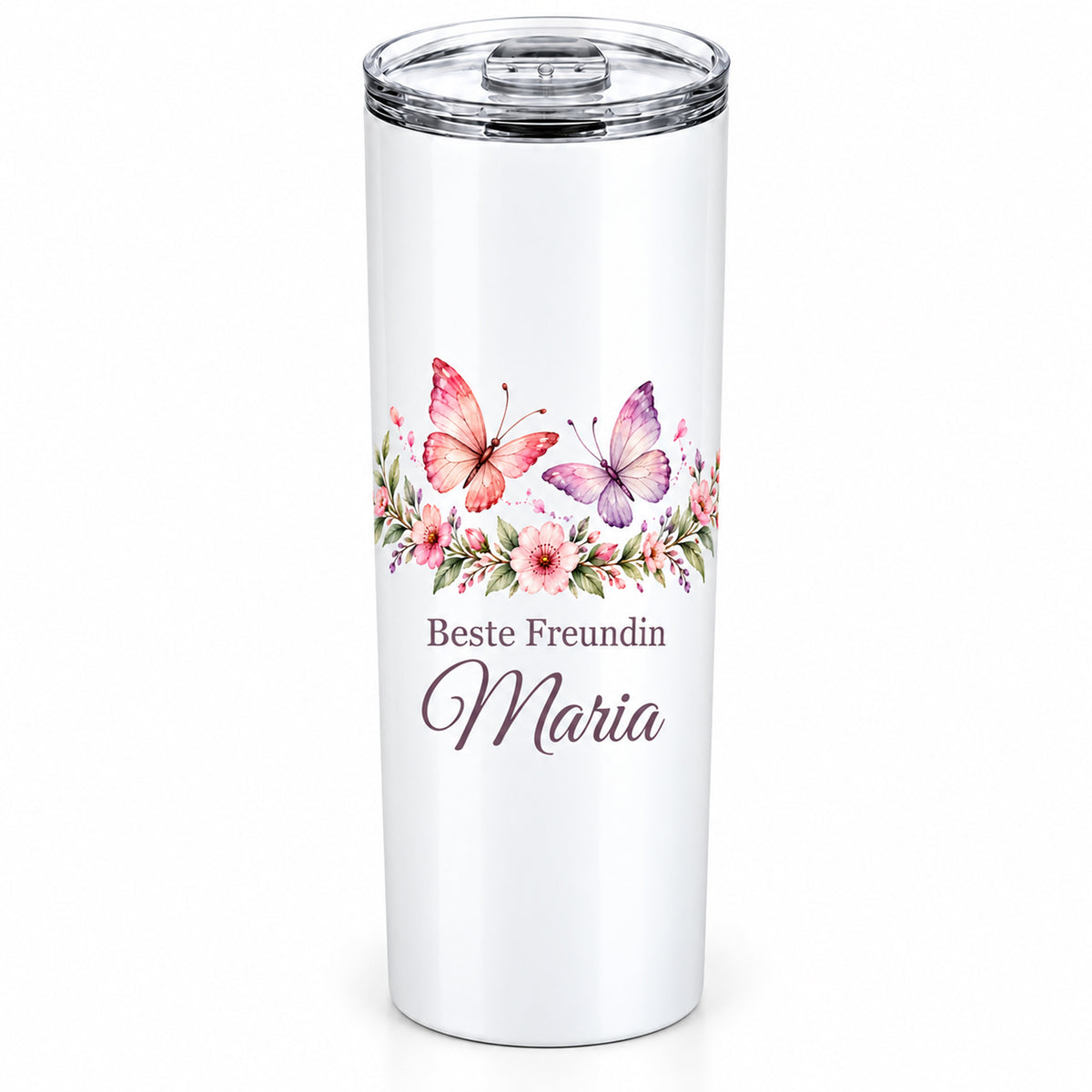 Weißer Thermobecher mit Motiv Für immer verbunden, Schriftzug Beste Freundin und Wunschname freigestellt auf weißem Hintergrund.