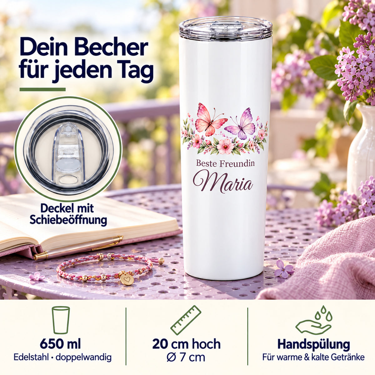 Weißer Thermobecher mit Motiv Für immer verbunden, Schriftzug Beste Freundin und Wunschname mit Angaben zu 650 ml, Maßen, Deckel und Handspülung.