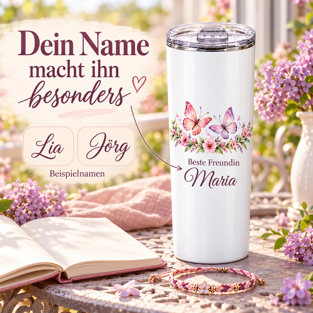 Weißer Thermobecher mit Motiv Für immer verbunden, Schriftzug Beste Freundin und Wunschname mit unterschiedlich langen Wunschnamen.