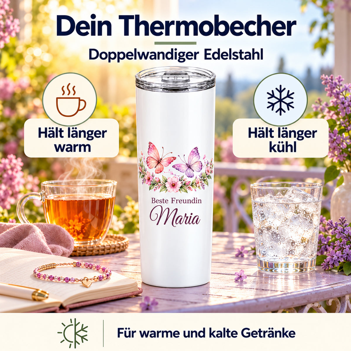 Weißer Thermobecher mit Motiv Für immer verbunden, Schriftzug Beste Freundin und Wunschname mit Darstellung der Warm- und Kalthaltefunktion.