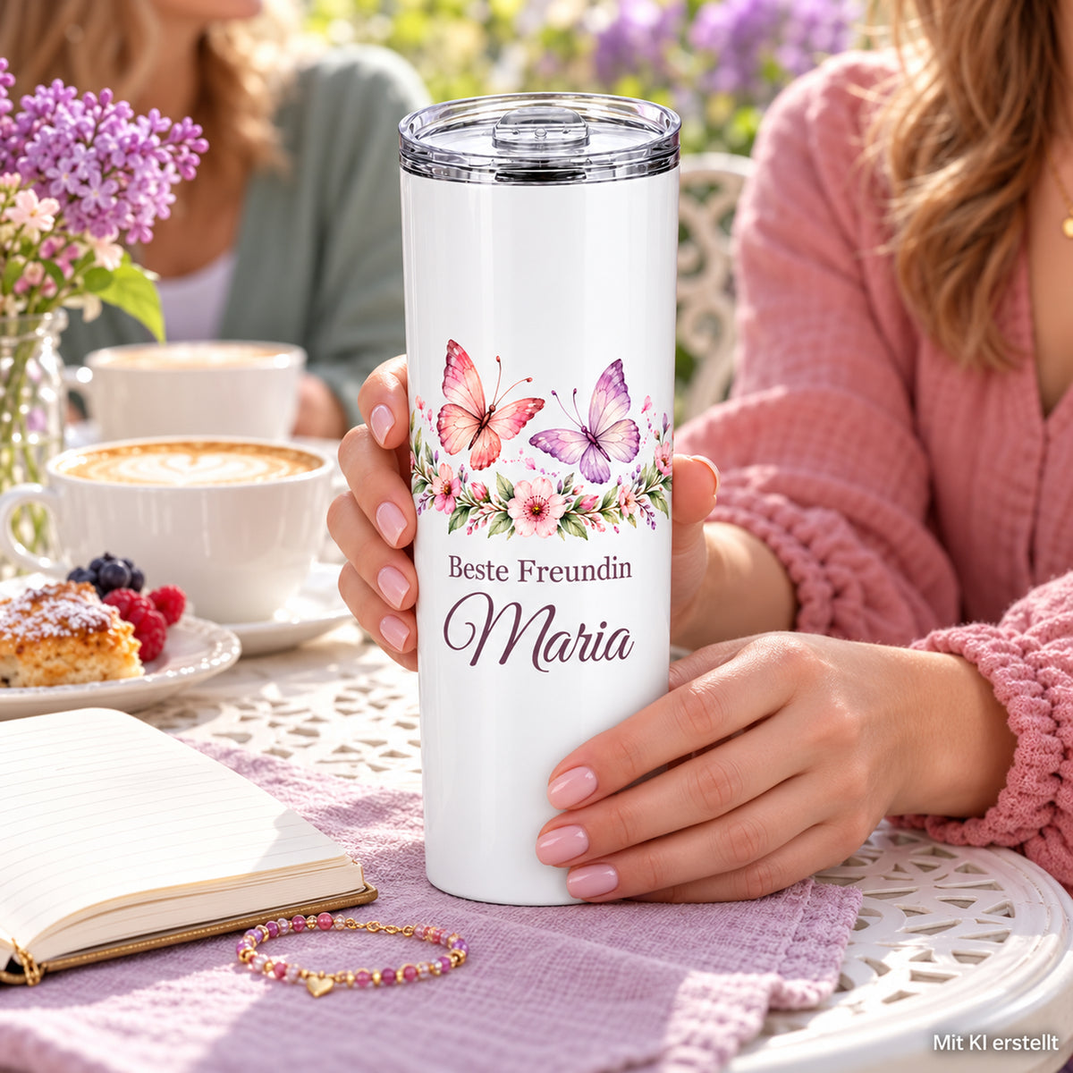 Weißer Thermobecher mit Motiv Für immer verbunden, Schriftzug Beste Freundin und Wunschname in Händen bei einer Kaffeepause; Kennzeichnung Mit KI erstellt.