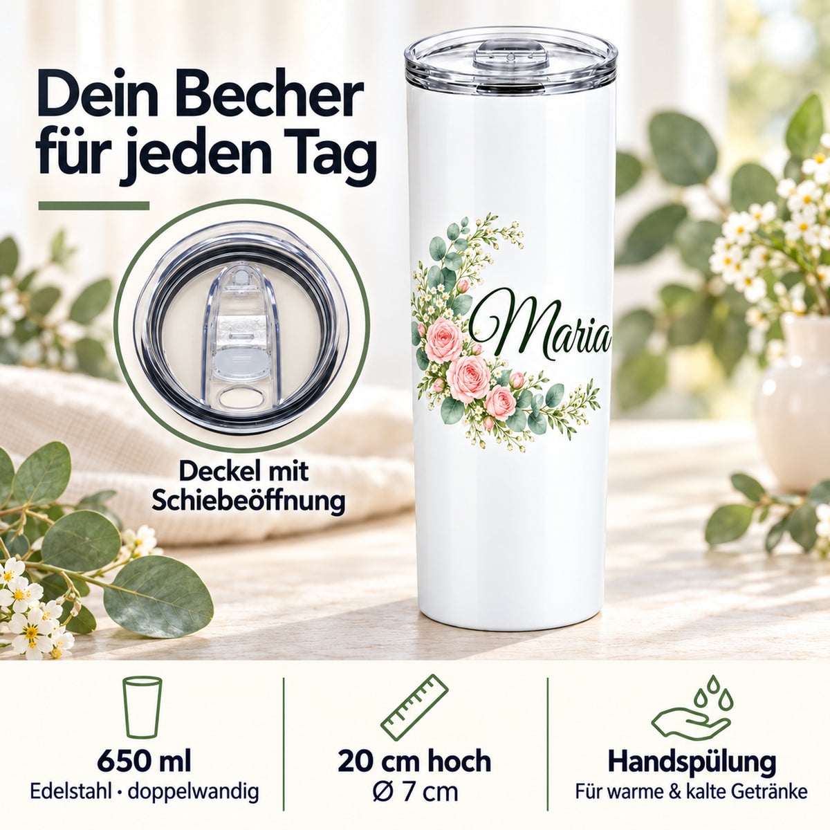 Weißer Thermobecher mit Motiv Rosenbogen, Blumenranke und Name Wunschname mit Angaben zu 650 ml, Maßen, Deckel und Handspülung.