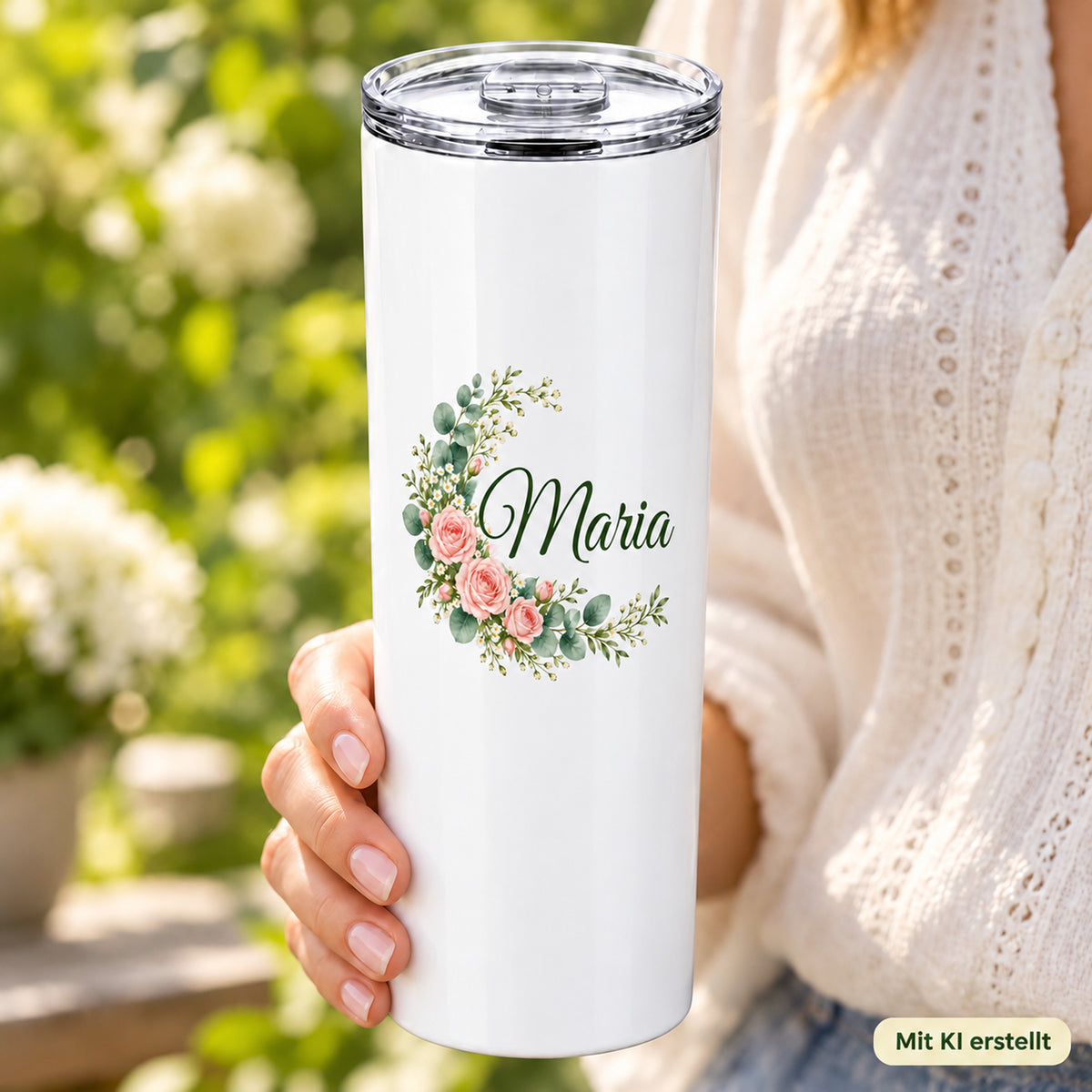 Weißer Thermobecher mit Motiv Rosenbogen, Blumenranke und Name Wunschname in Händen bei einer Kaffeepause; Kennzeichnung Mit KI erstellt.