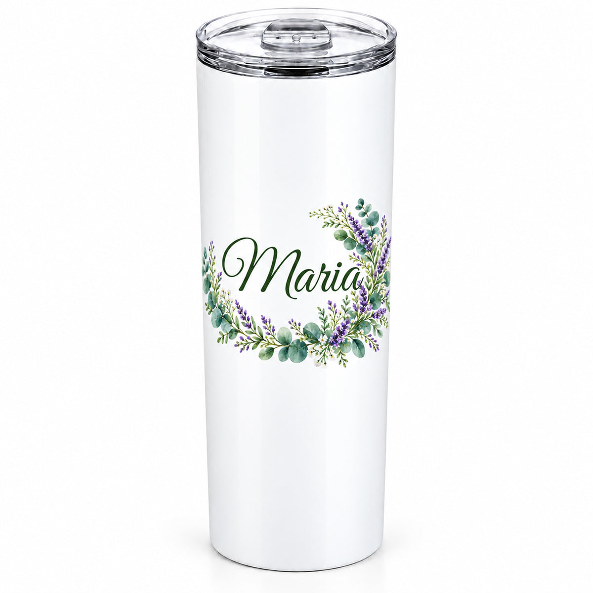 Weißer Thermobecher mit Motiv Lavendelzauber, Blumenranke und Name Wunschname freigestellt auf weißem Hintergrund.