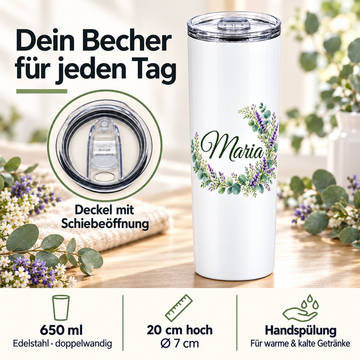 Weißer Thermobecher mit Motiv Lavendelzauber, Blumenranke und Name Wunschname mit Angaben zu 650 ml, Maßen, Deckel und Handspülung.