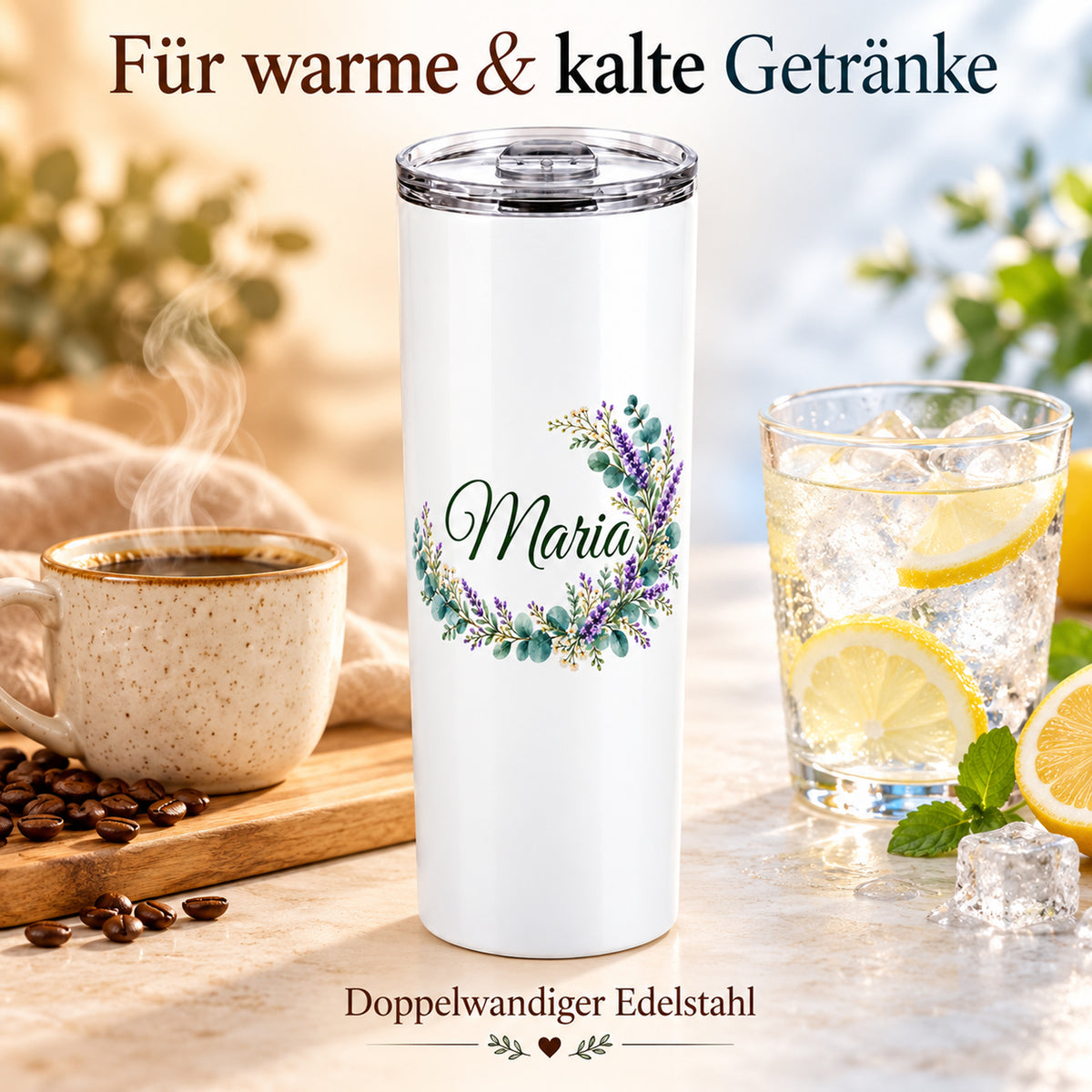Weißer Thermobecher mit Motiv Lavendelzauber, Blumenranke und Name Wunschname mit Darstellung der Warm- und Kalthaltefunktion.