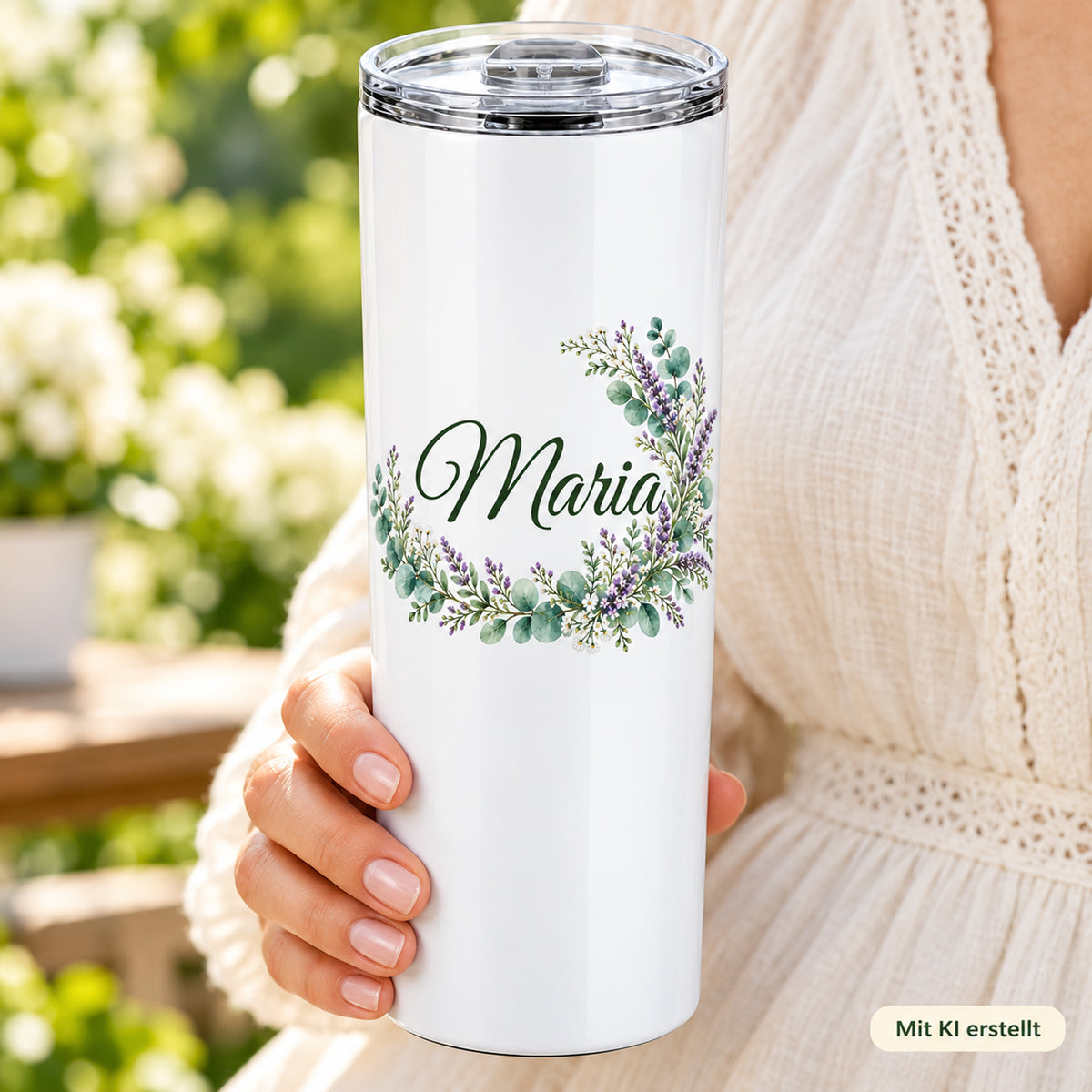 Weißer Thermobecher mit Motiv Lavendelzauber, Blumenranke und Name Wunschname in Händen bei einer Kaffeepause; Kennzeichnung Mit KI erstellt.