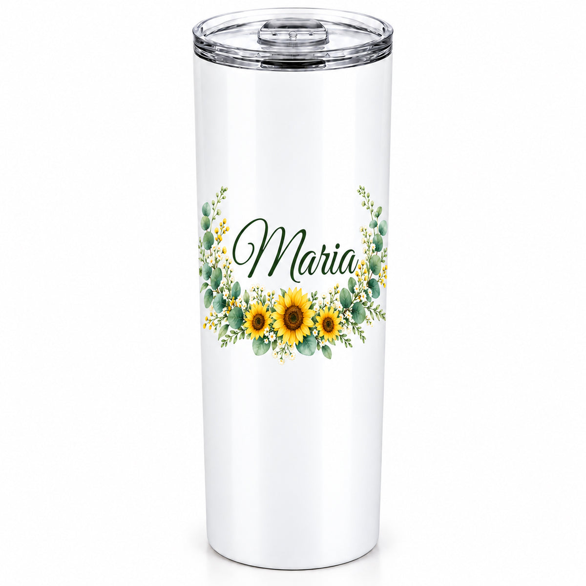 Weißer Thermobecher mit Motiv Sonnenblüten, Blumenranke und Name Wunschname freigestellt auf weißem Hintergrund.