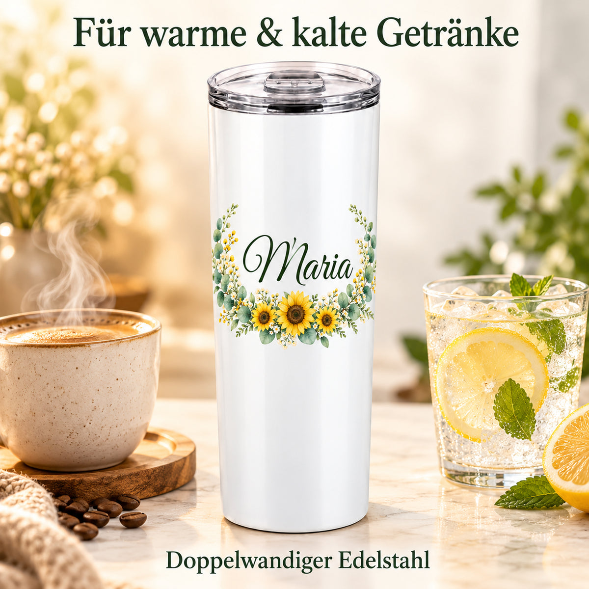 Weißer Thermobecher mit Motiv Sonnenblüten, Blumenranke und Name Wunschname mit Darstellung der Warm- und Kalthaltefunktion.