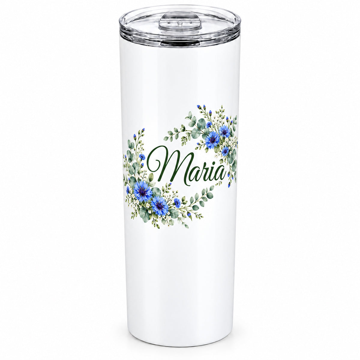 Weißer Thermobecher mit Motiv Kornblumentraum, Blumenranke und Name Wunschname freigestellt auf weißem Hintergrund.