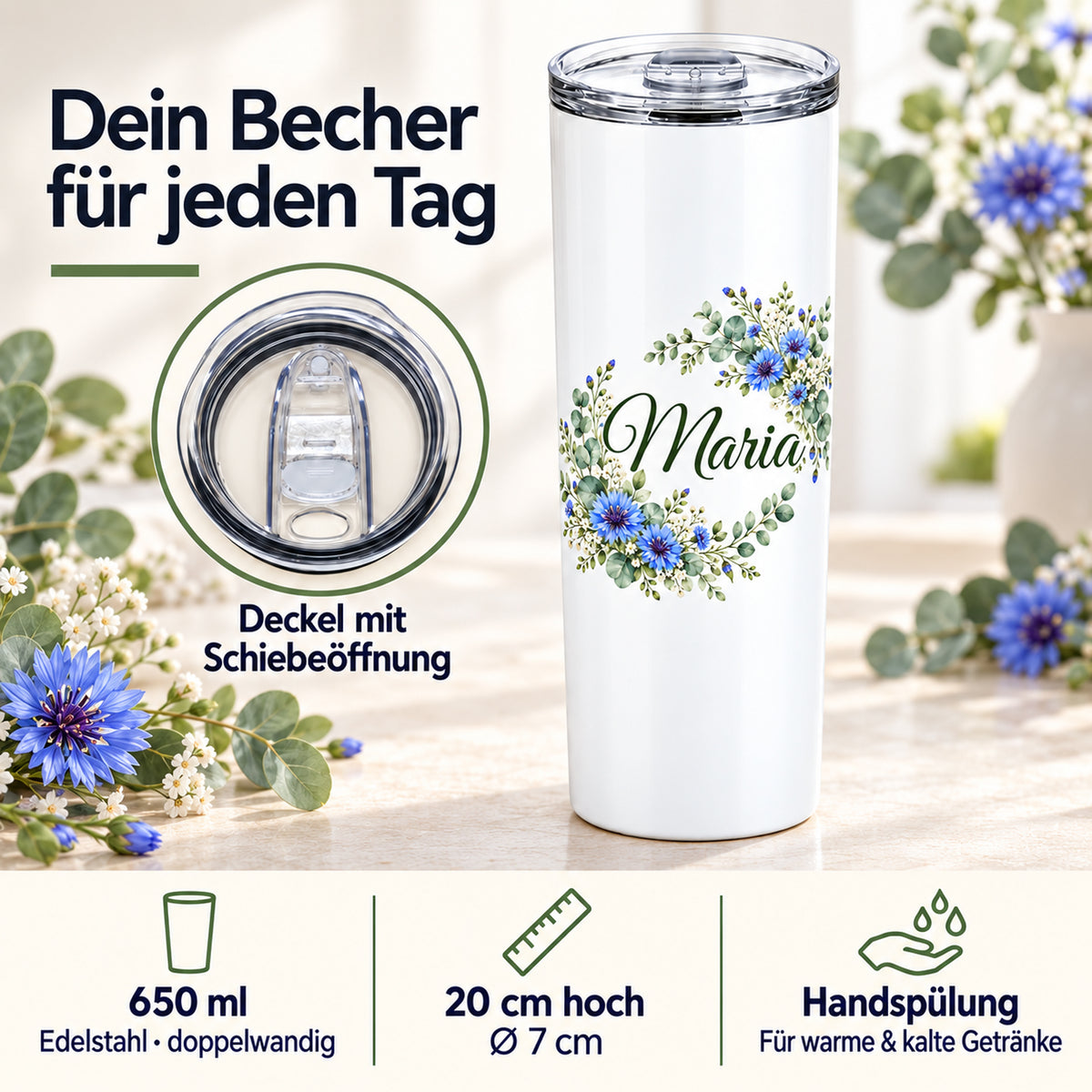 Weißer Thermobecher mit Motiv Kornblumentraum, Blumenranke und Name Wunschname mit Angaben zu 650 ml, Maßen, Deckel und Handspülung.