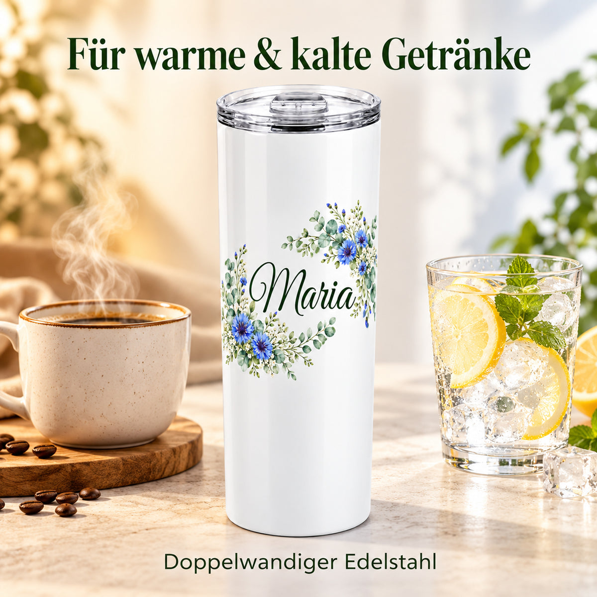 Weißer Thermobecher mit Motiv Kornblumentraum, Blumenranke und Name Wunschname mit Darstellung der Warm- und Kalthaltefunktion.