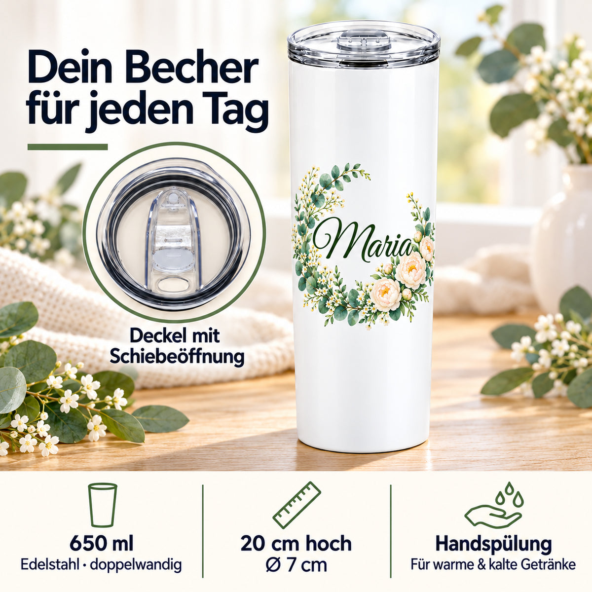 Weißer Thermobecher mit Motiv Pfingstrosenkranz, Blumenranke und Name Wunschname mit Angaben zu 650 ml, Maßen, Deckel und Handspülung.