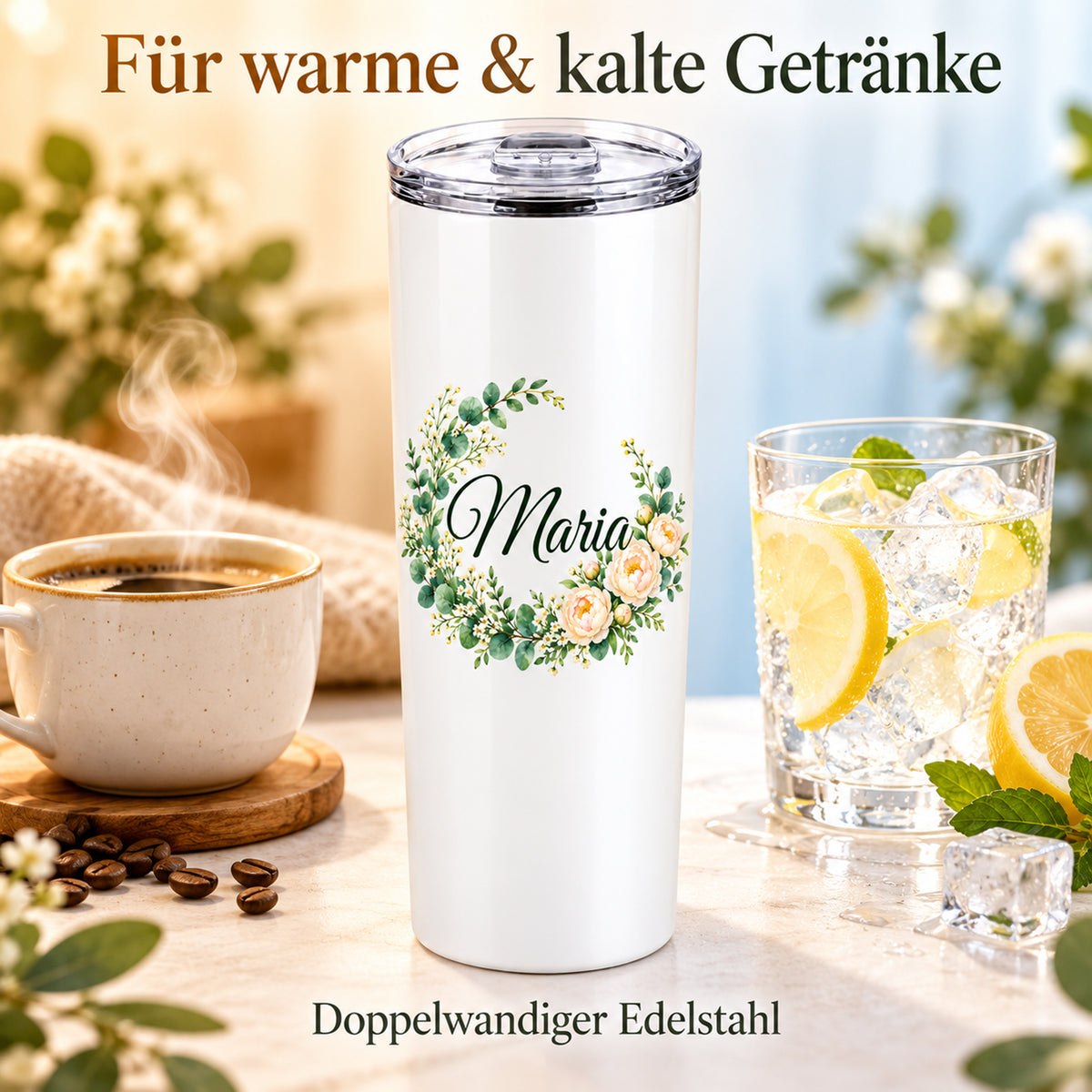 Weißer Thermobecher mit Motiv Pfingstrosenkranz, Blumenranke und Name Wunschname mit Darstellung der Warm- und Kalthaltefunktion.