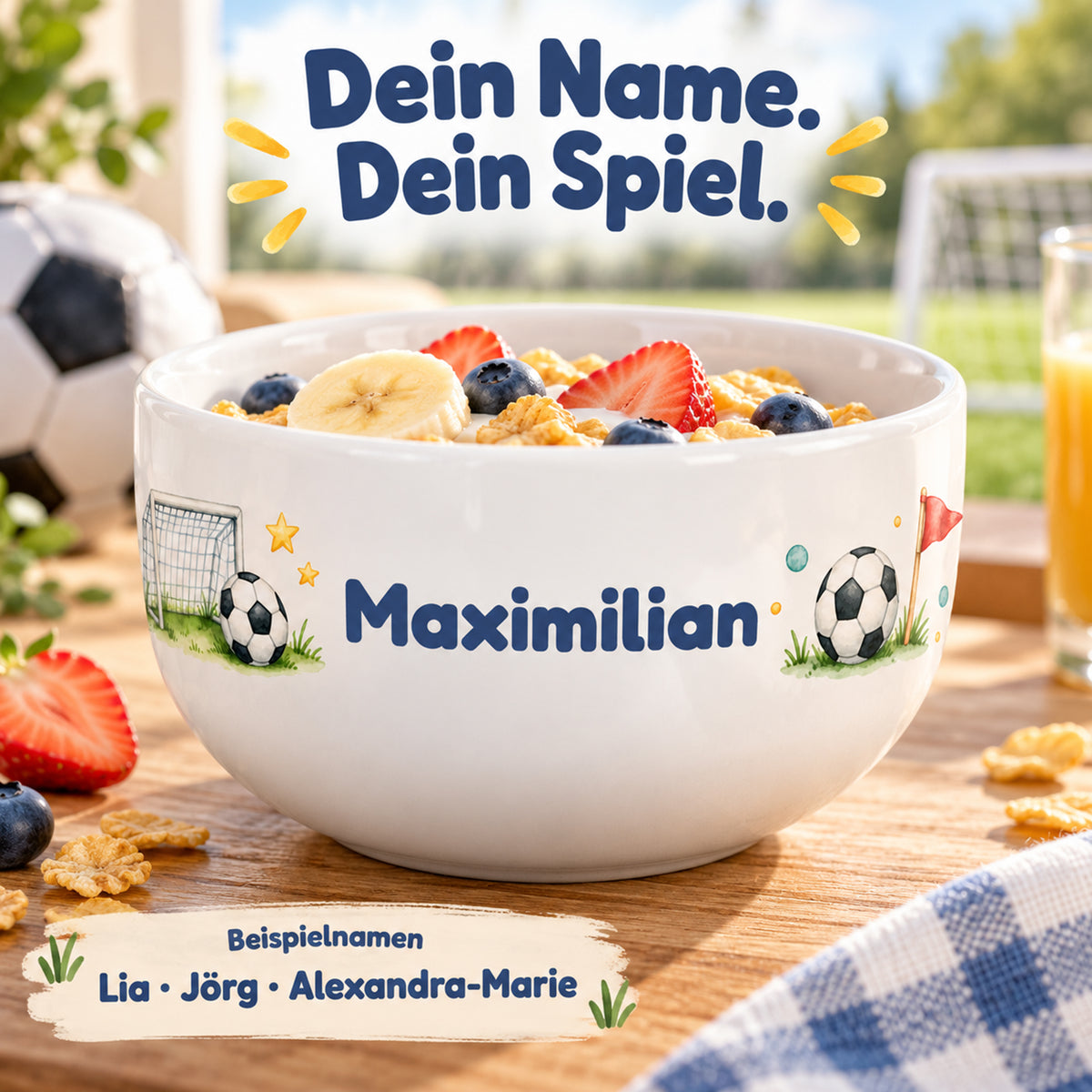 Große Namensfläche zwischen Tor und Ball auf der personalisierten Müslischale