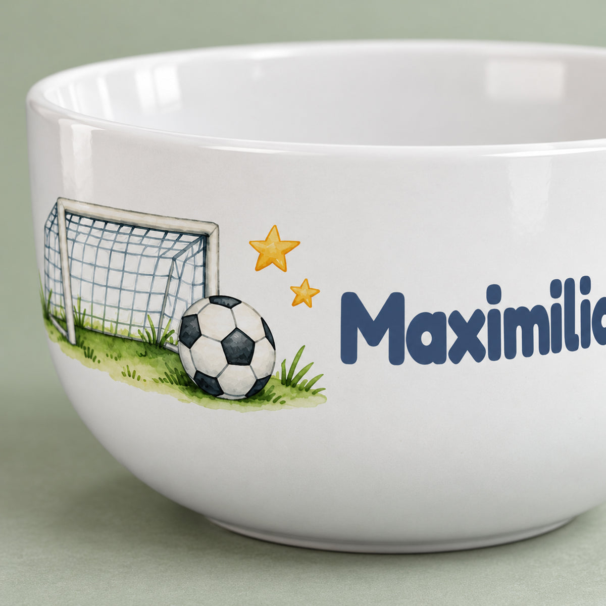 Detail des Aquarell-Fußballmotivs auf der weißen personalisierten Müslischale