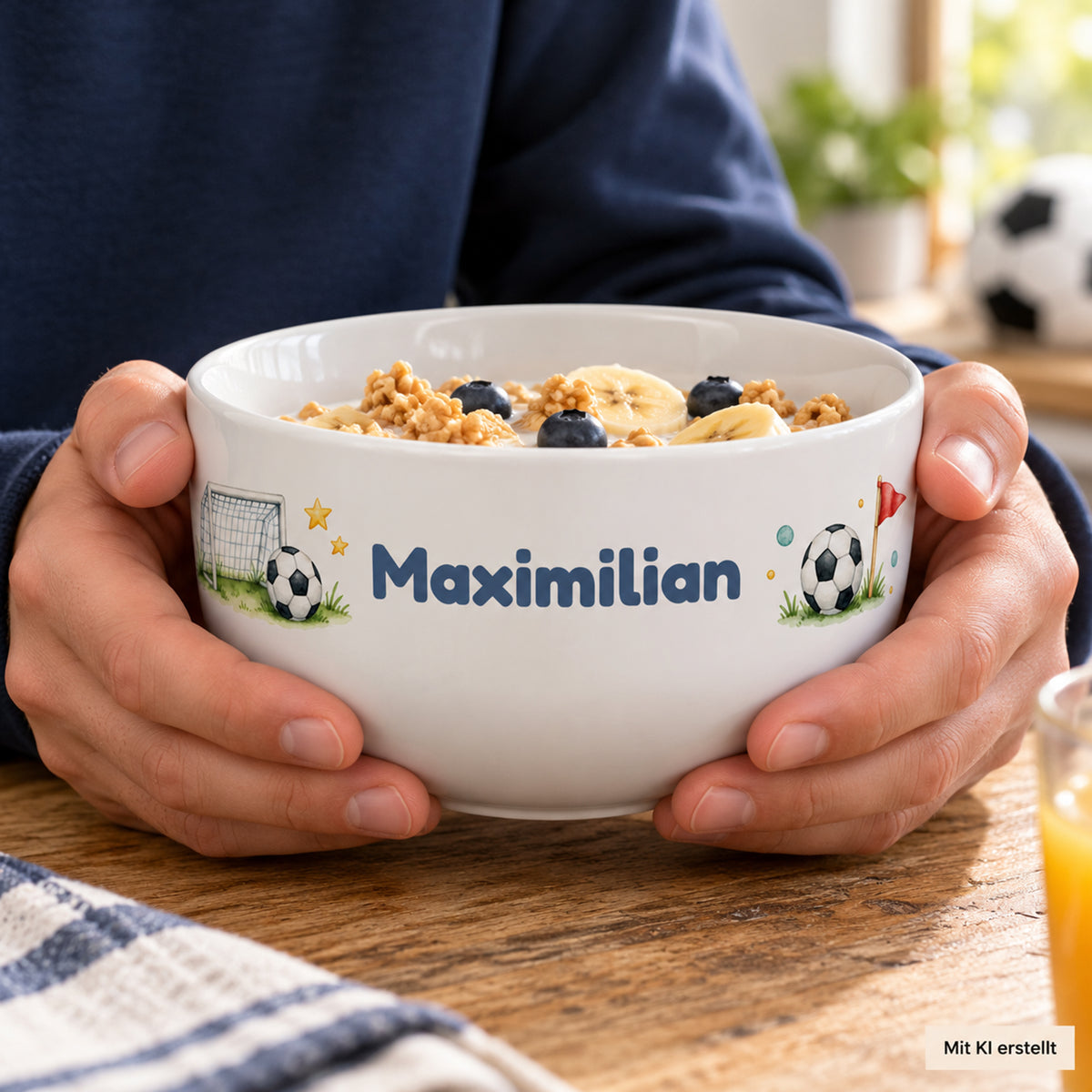 Hände halten die personalisierte Müslischale mit Tor und Ball beim Frühstück