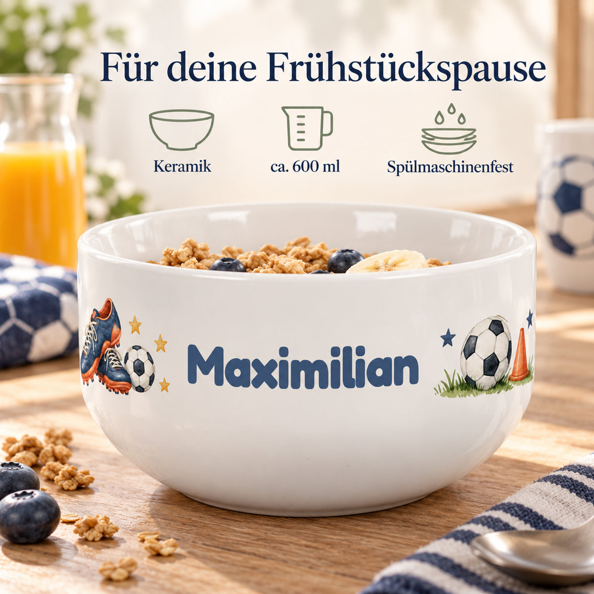 Müslischale mit Fußballschuhen und Ball: Angaben zu Keramik, ca. 600 ml und Pflege