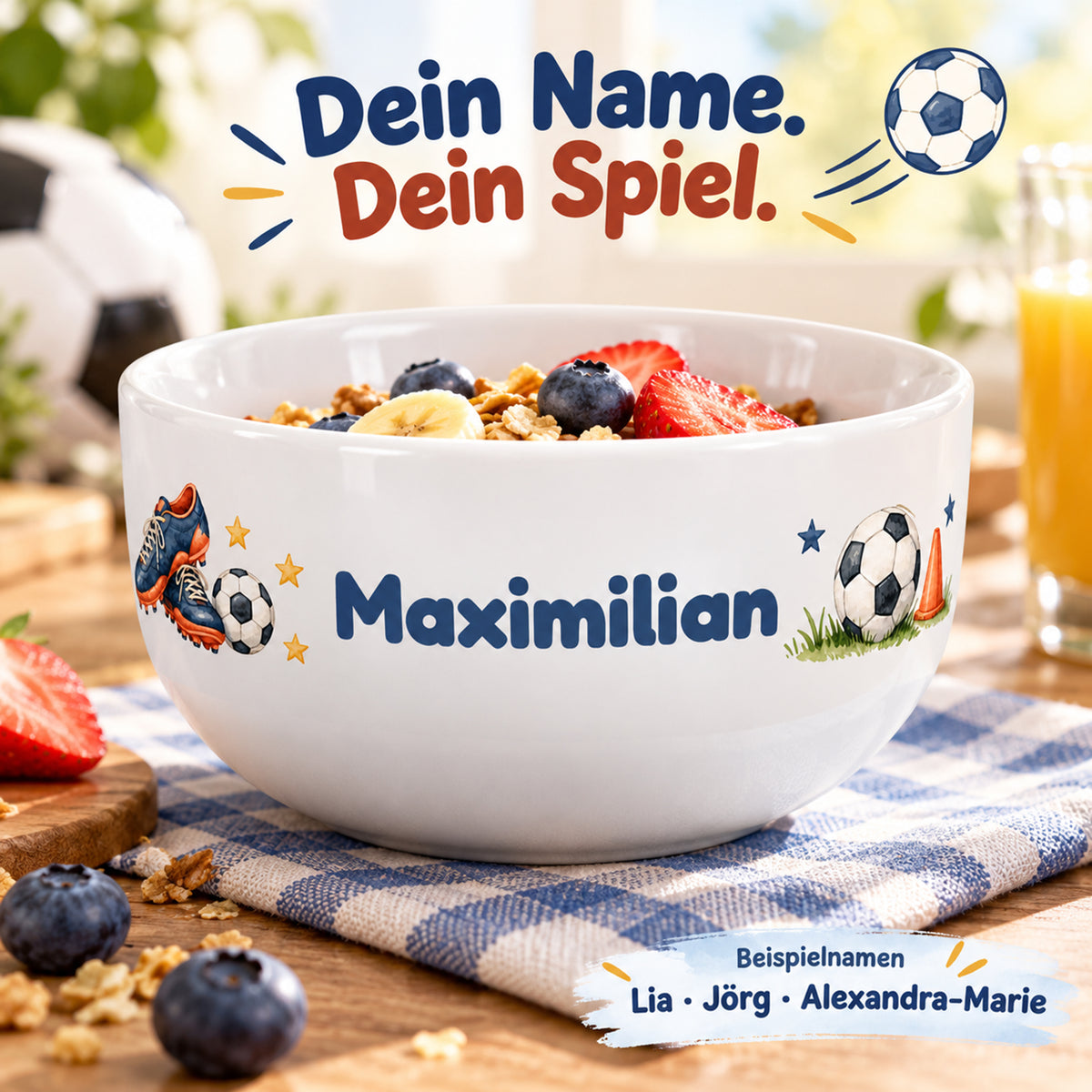 Große Namensfläche zwischen Fußballschuhen und Ball auf der personalisierten Müslischale