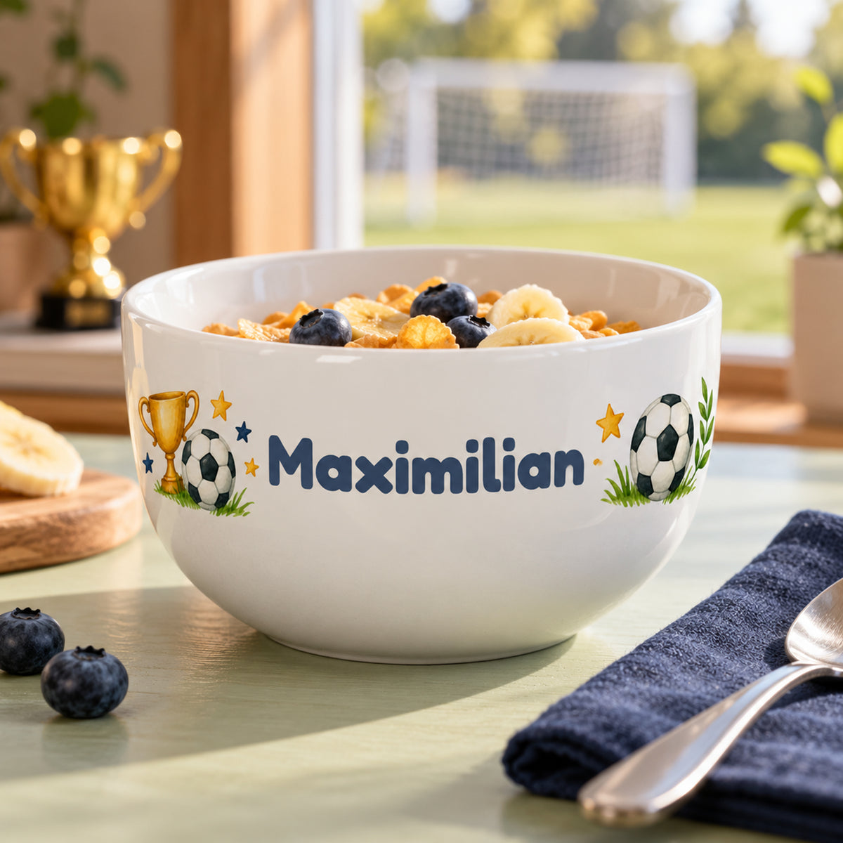 Motivansicht der Müslischale mit Siegerpokal und Fußball, Sternen und Wunschname