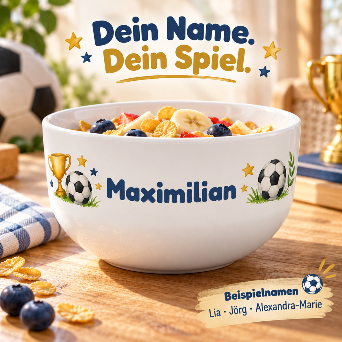 Große Namensfläche zwischen Siegerpokal und Fußball auf der personalisierten Müslischale