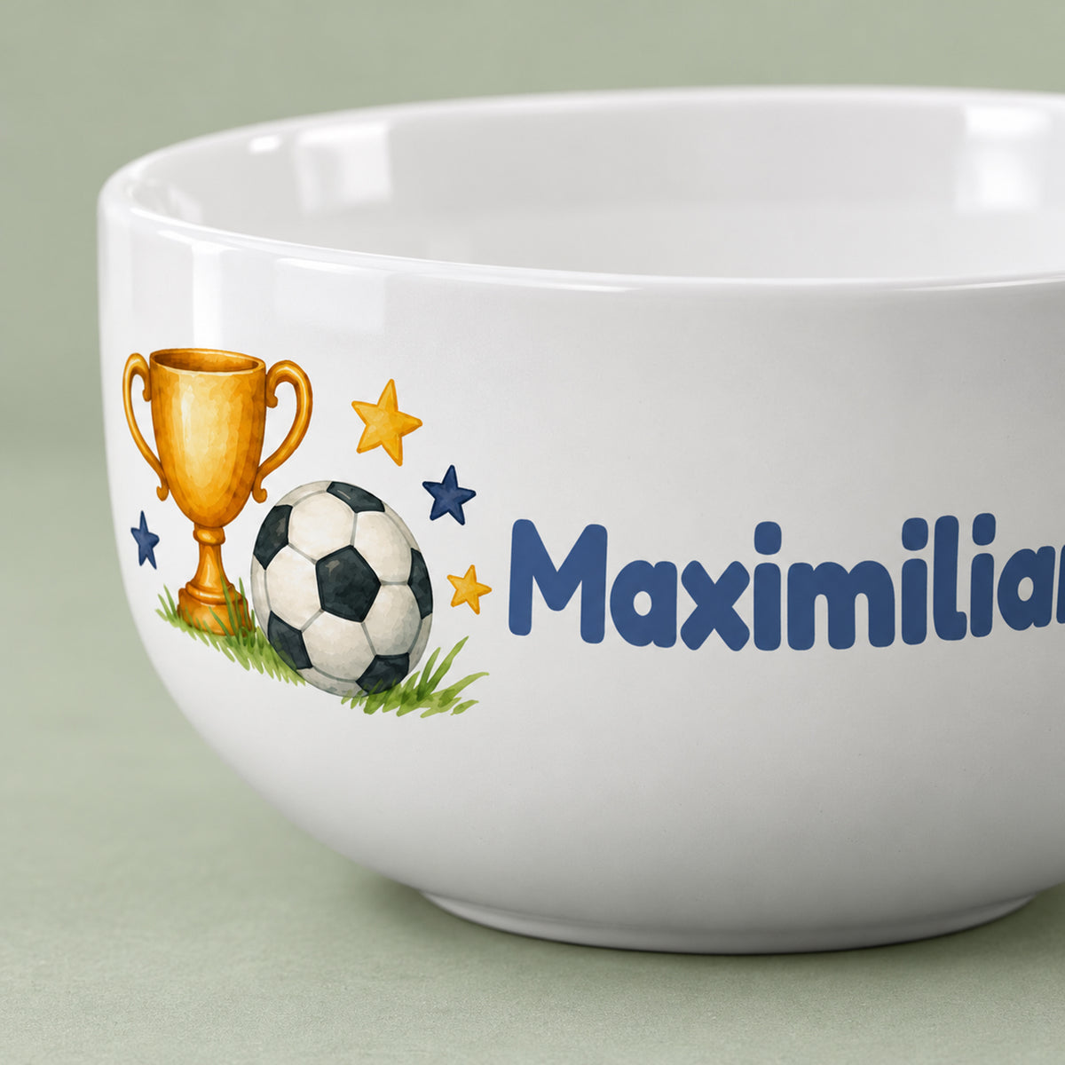 Detail des Aquarell-Fußballmotivs auf der weißen personalisierten Müslischale