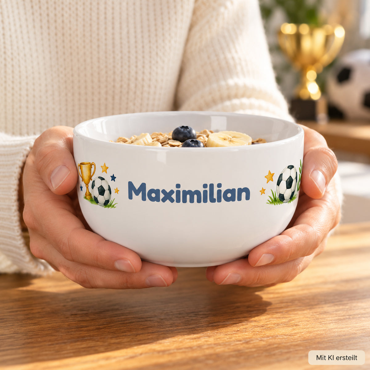Hände halten die personalisierte Müslischale mit Siegerpokal und Fußball beim Frühstück