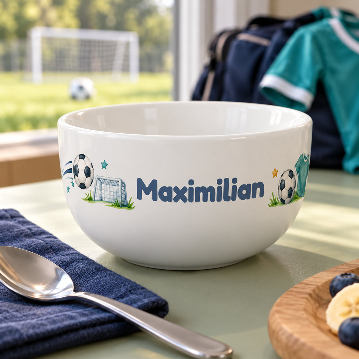 Motivansicht der Müslischale mit Fußballtrikot und Ball, Sternen und Wunschname