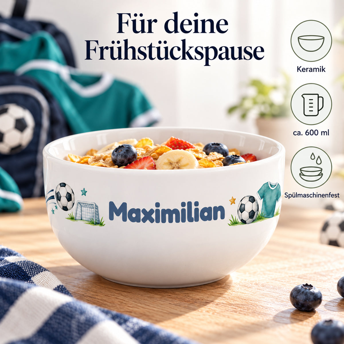 Müslischale mit Fußballtrikot und Ball: Angaben zu Keramik, ca. 600 ml und Pflege