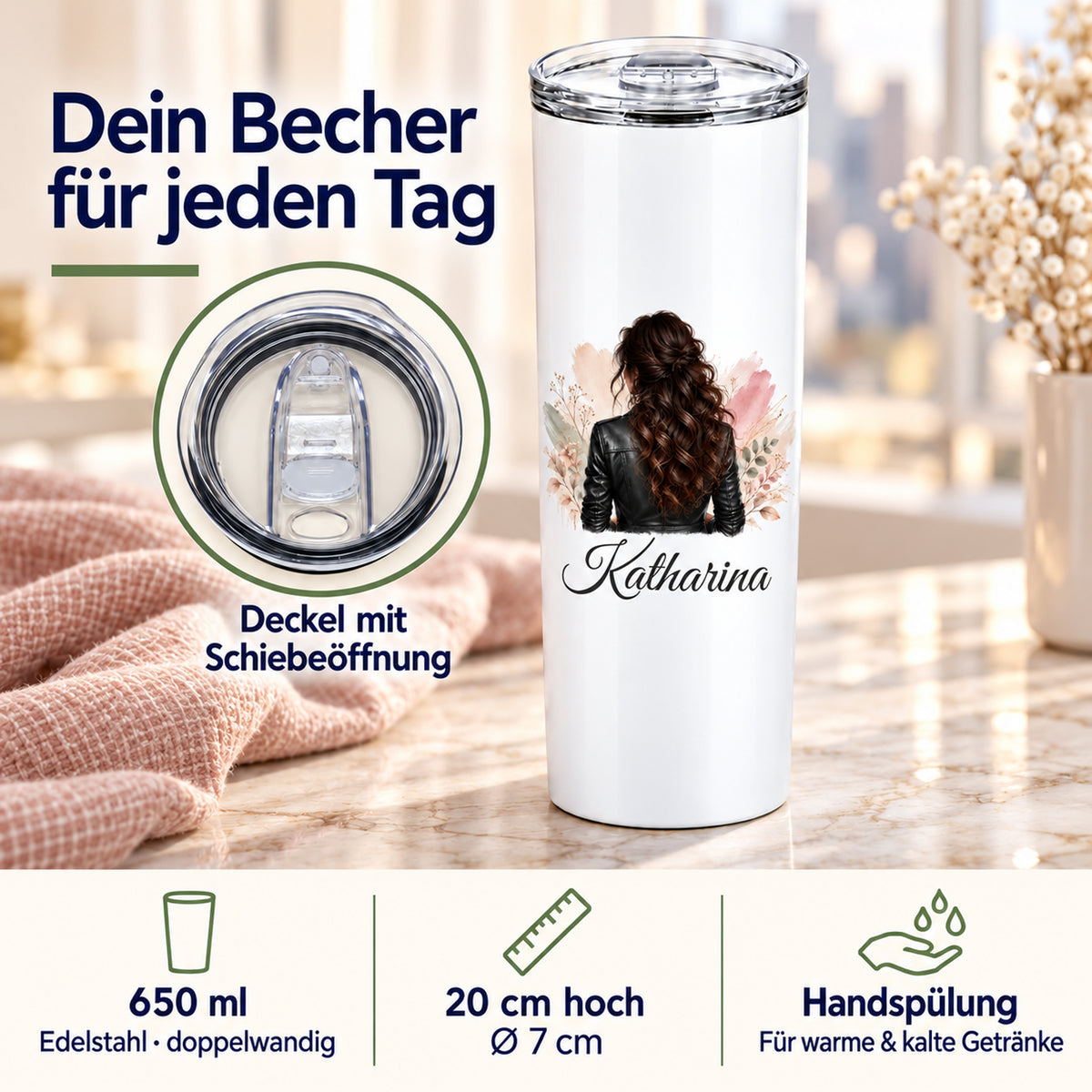 Produktdetails des personalisierten 650-ml-Thermobechers aus doppelwandigem Edelstahl mit eingesetzter Detailansicht des transparenten Schiebedeckels.