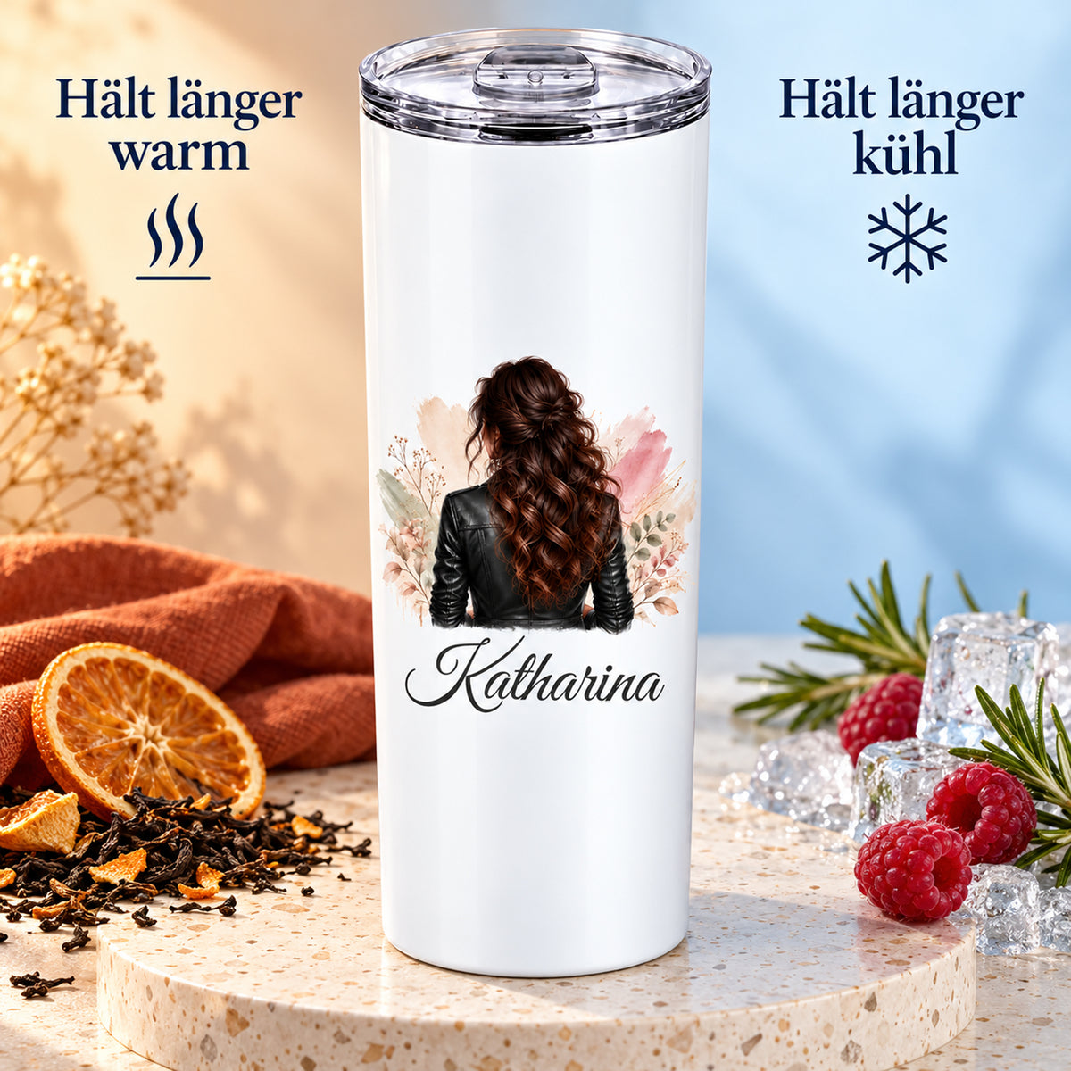 Darstellung der Thermofunktion: doppelwandiger Becher mit Frauenmotiv für warme und kalte Getränke.