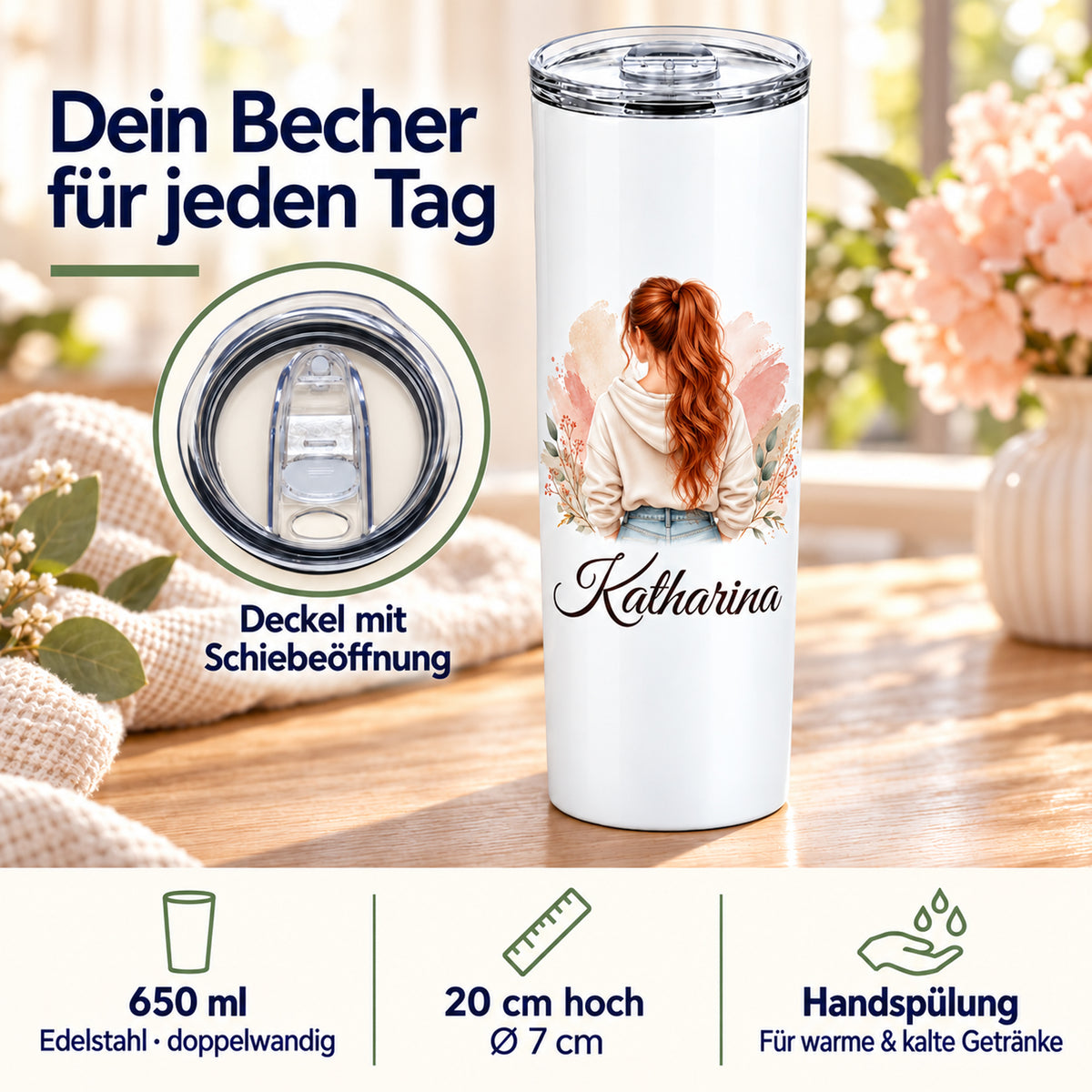 Produktdetails des personalisierten 650-ml-Thermobechers aus doppelwandigem Edelstahl mit eingesetzter Detailansicht des transparenten Schiebedeckels.