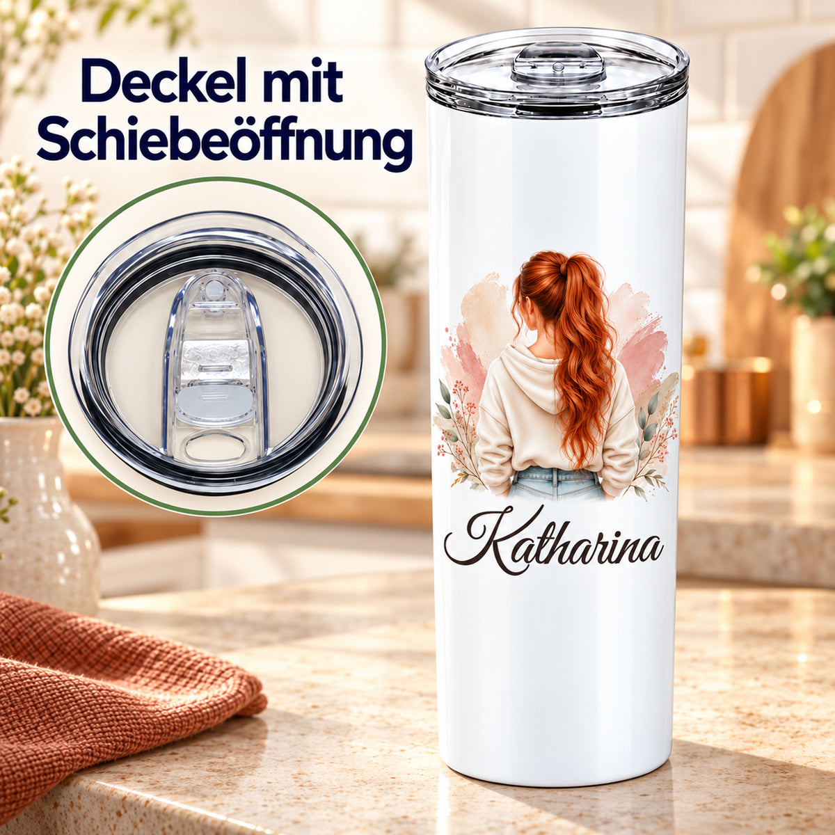 Weißer Thermobecher mit Frauenmotiv und grafisch vergrößerter Detailansicht des transparenten Deckels mit verschiebbarer Trinköffnung.