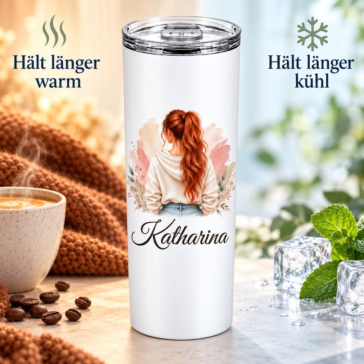 Darstellung der Thermofunktion: doppelwandiger Becher mit Frauenmotiv für warme und kalte Getränke.