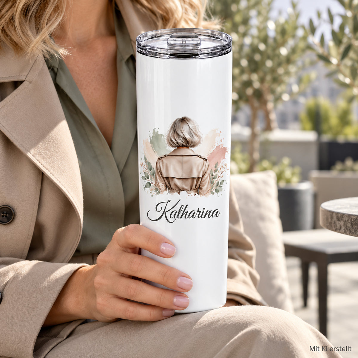 Person hält den weißen Thermobecher mit Namen und Frauenmotiv mit silbergrauem Bob und taupefarbenem Trenchcoat in der Hand.