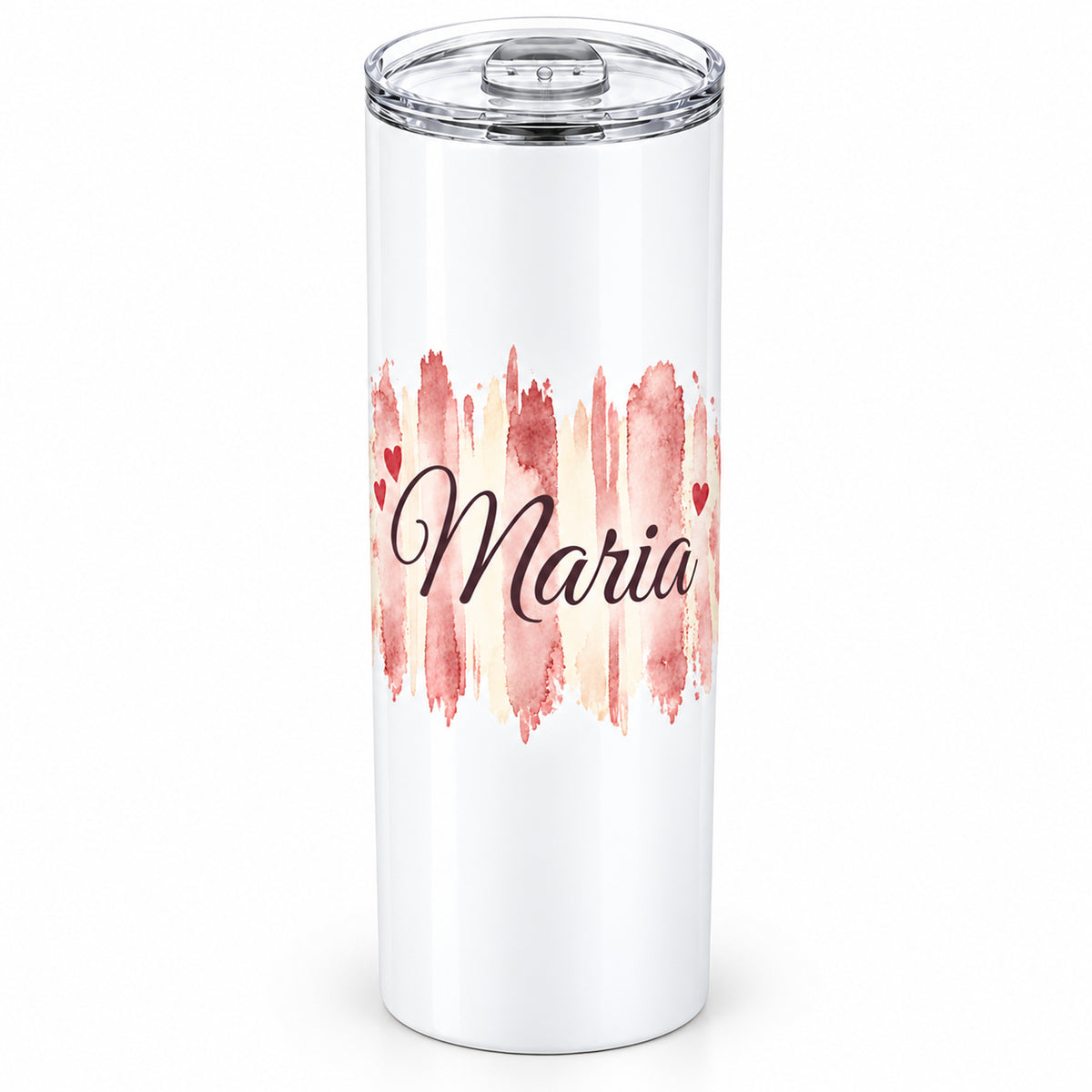 Weißer Thermobecher mit Motiv Herzensrosa, personalisiertem Namen freigestellt auf weißem Hintergrund.