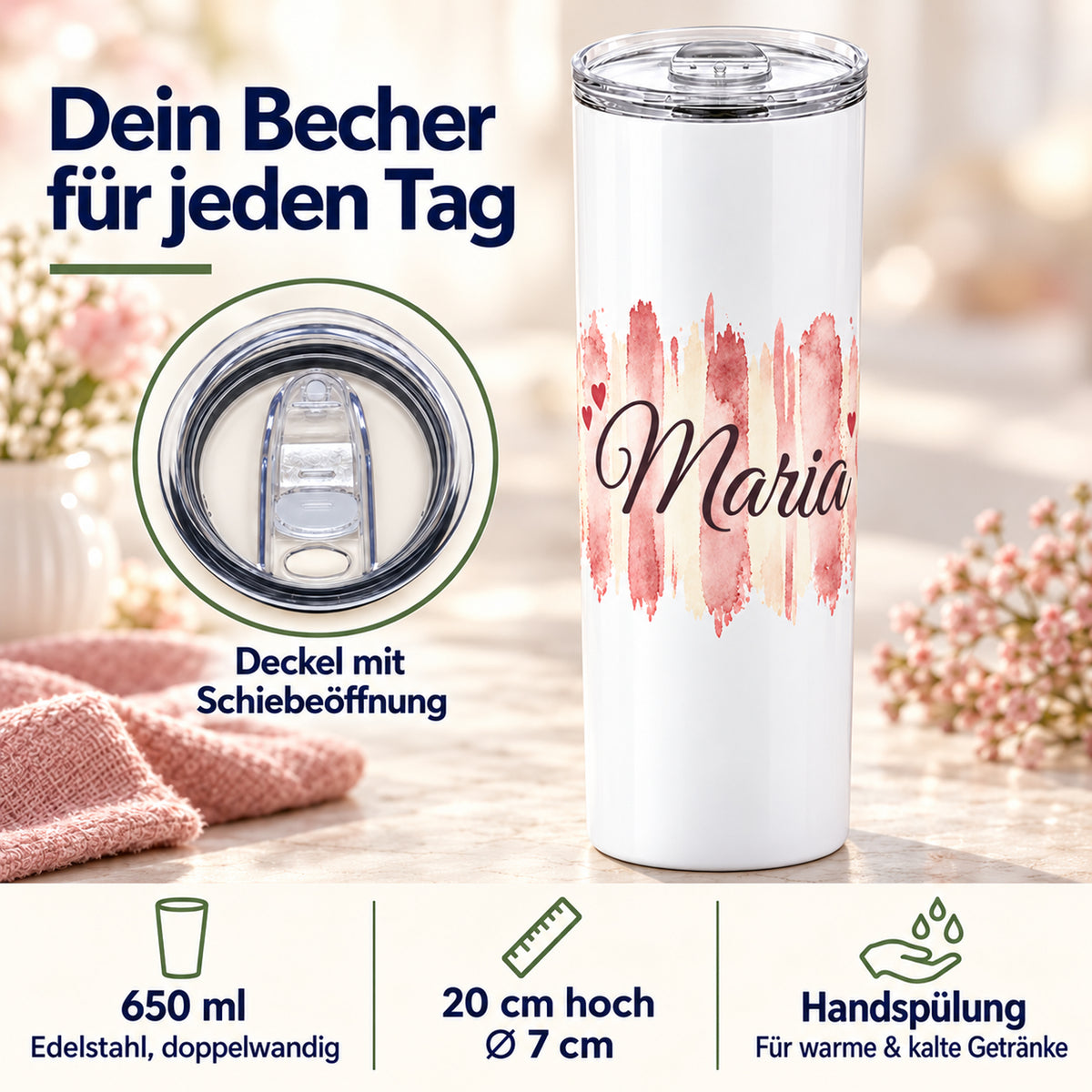 Weißer Thermobecher mit Motiv Herzensrosa, personalisiertem Namen mit Angaben zu 650 ml, Maßen, Deckel und Handspülung.