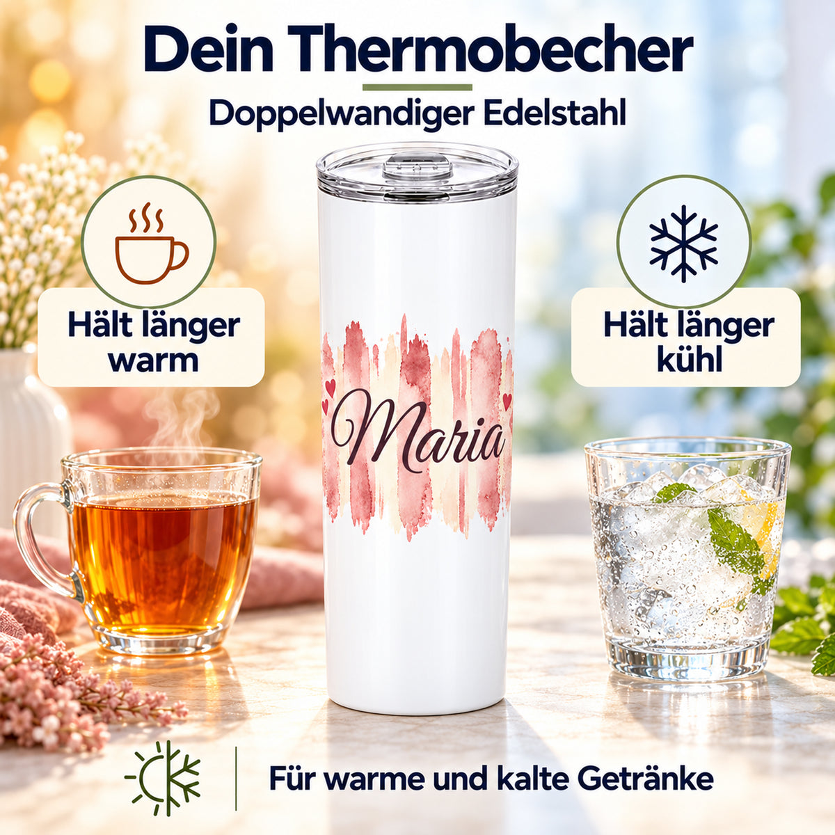 Weißer Thermobecher mit Motiv Herzensrosa, personalisiertem Namen mit Darstellung der Warm- und Kalthaltefunktion.