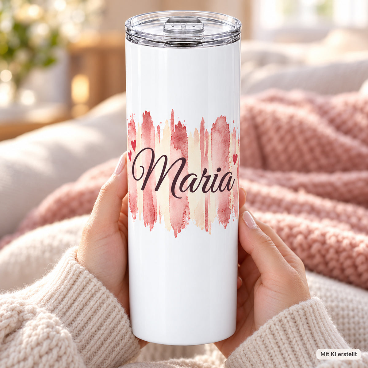 Weißer Thermobecher mit Motiv Herzensrosa, personalisiertem Namen in Händen bei einer Kaffeepause; Kennzeichnung Mit KI erstellt.