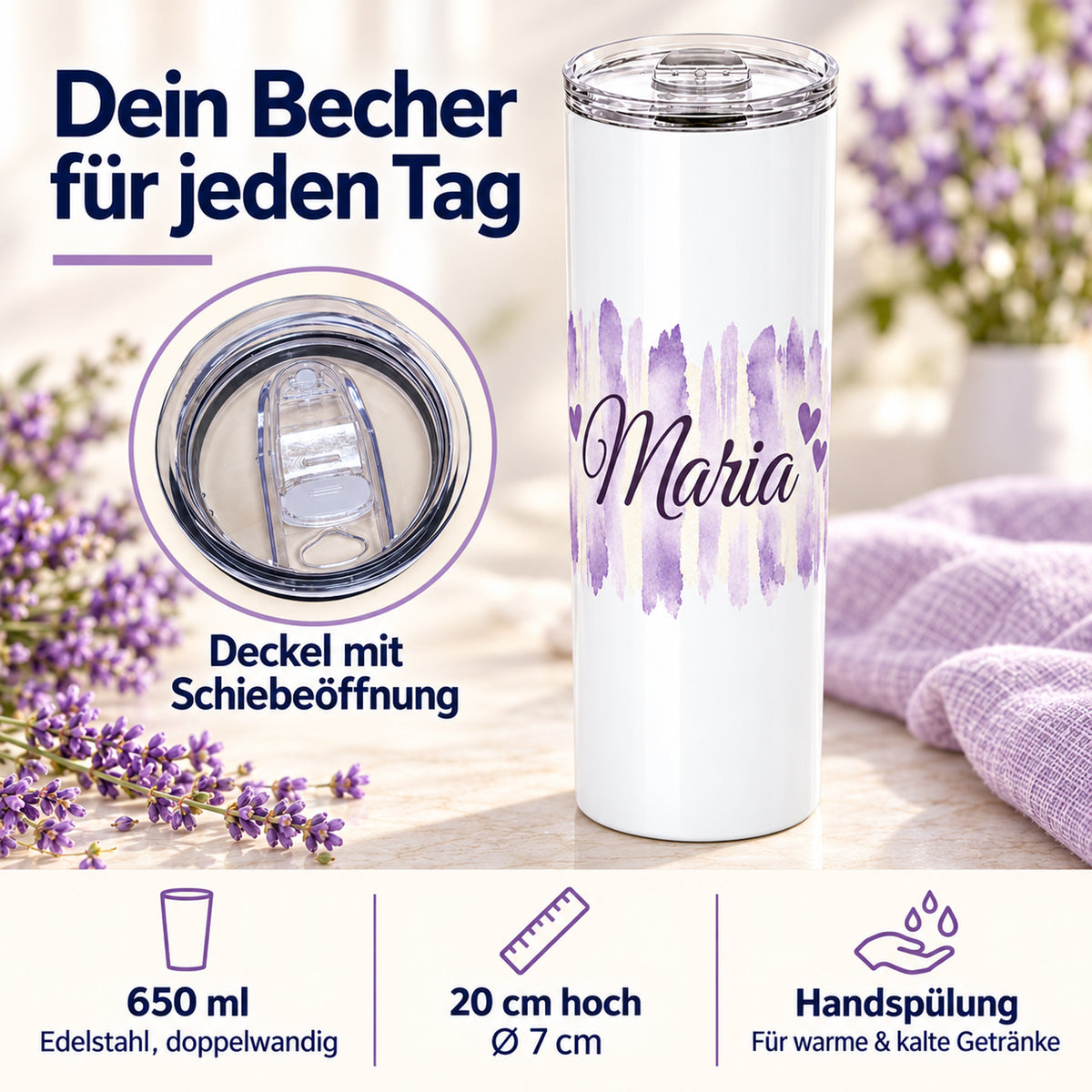 Weißer Thermobecher mit Motiv Fliederliebe, personalisiertem Namen mit Angaben zu 650 ml, Maßen, Deckel und Handspülung.