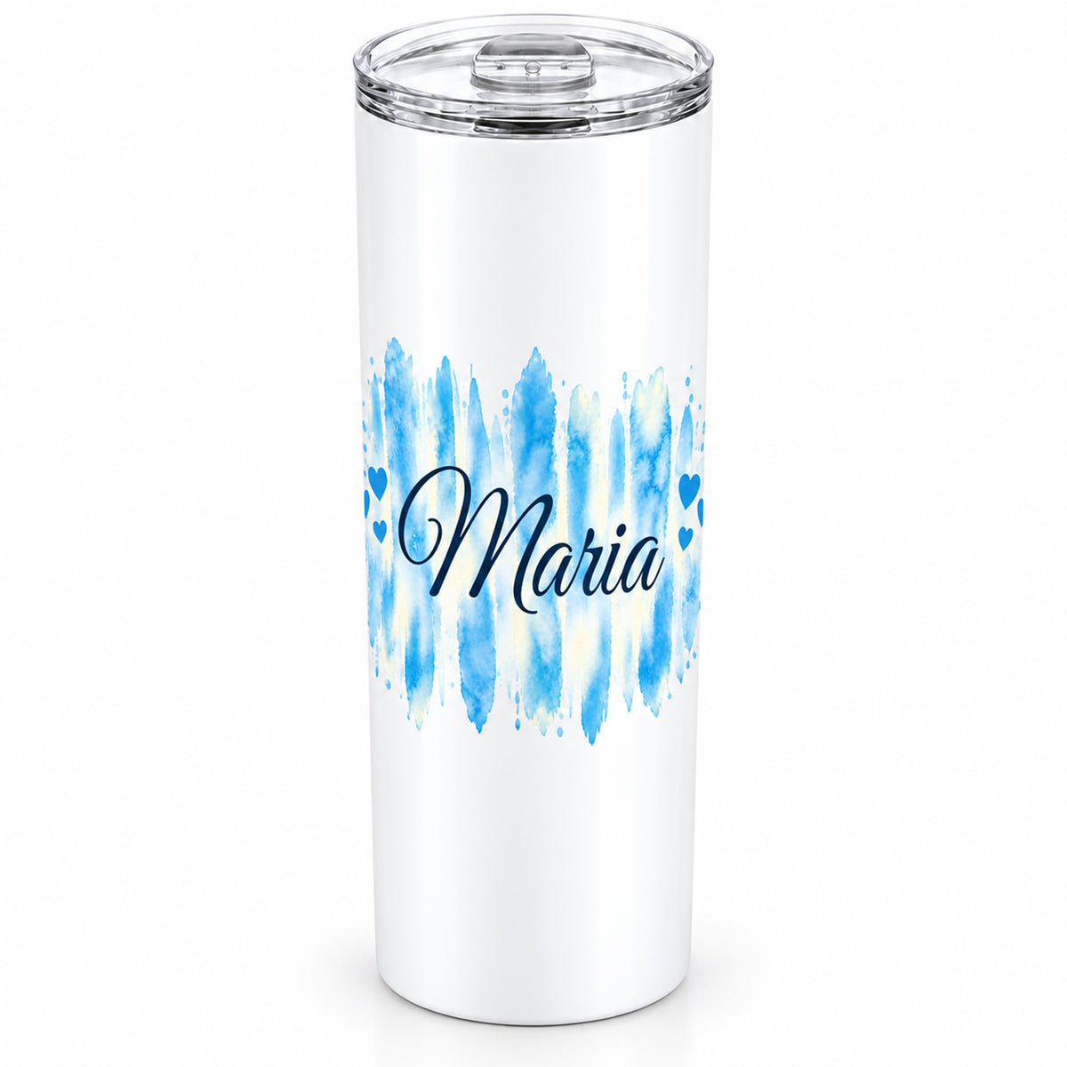 Weißer Thermobecher mit Motiv Himmelherz, personalisiertem Namen freigestellt auf weißem Hintergrund.