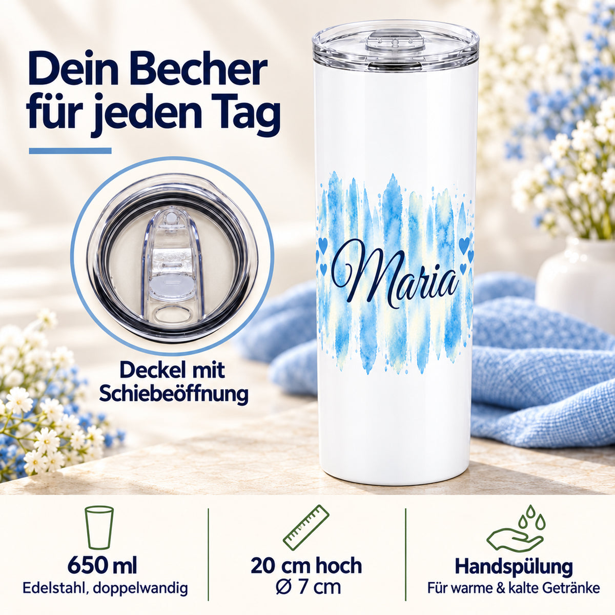 Weißer Thermobecher mit Motiv Himmelherz, personalisiertem Namen mit Angaben zu 650 ml, Maßen, Deckel und Handspülung.