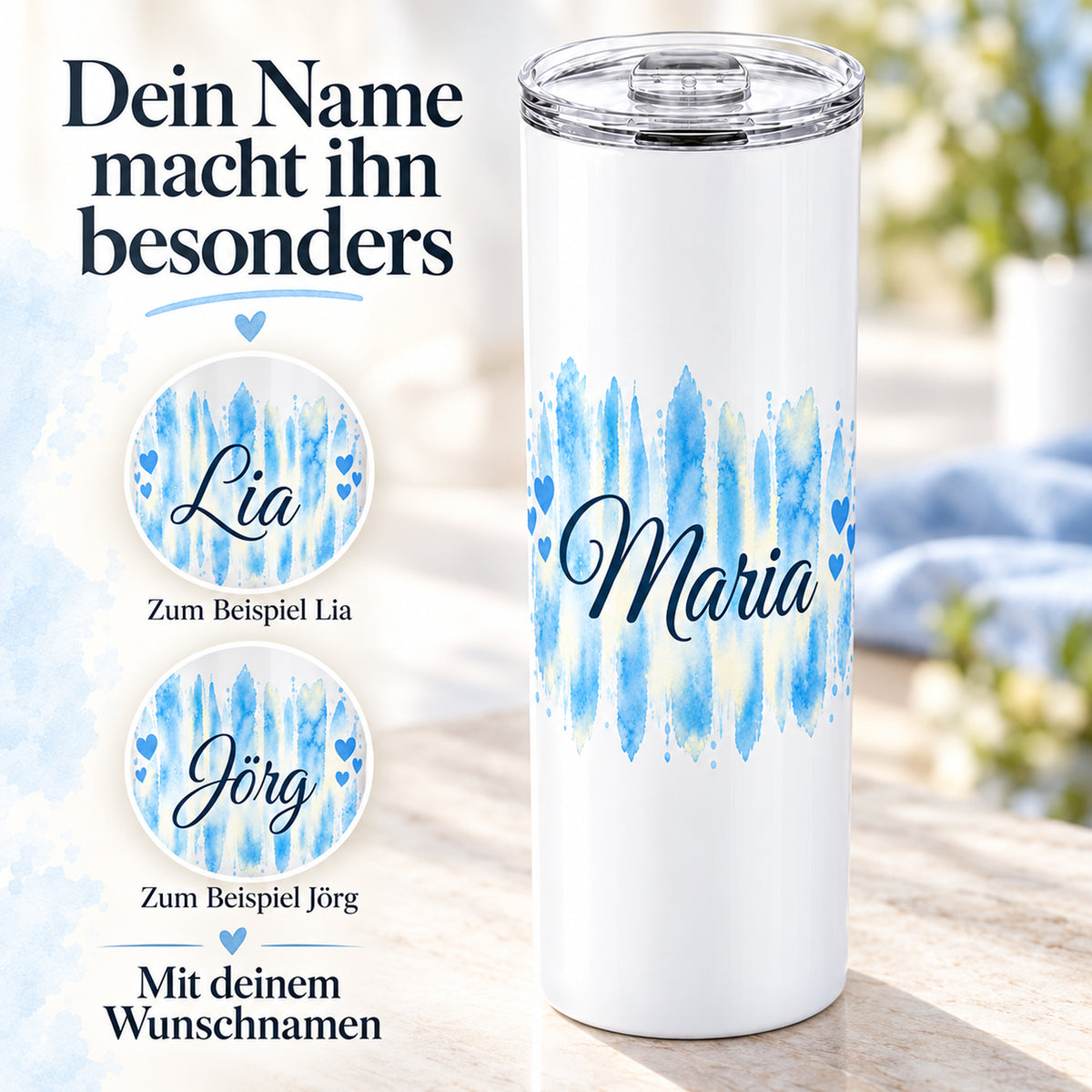 Weißer Thermobecher mit Motiv Himmelherz, personalisiertem Namen mit zwei gekennzeichneten Namensbeispielen.
