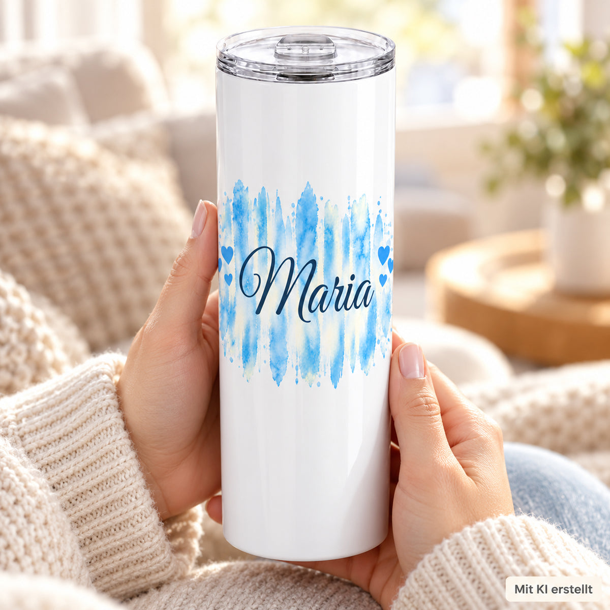 Weißer Thermobecher mit Motiv Himmelherz, personalisiertem Namen in Händen bei einer Kaffeepause; Kennzeichnung Mit KI erstellt.