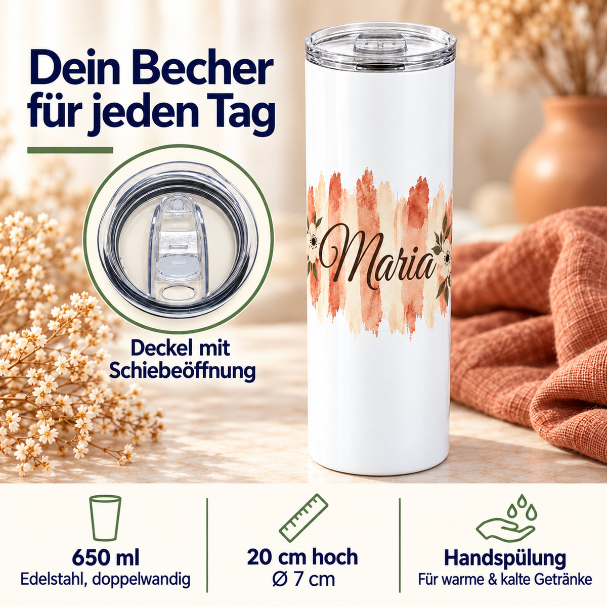 Weißer Thermobecher mit Motiv Terrakottablüte, personalisiertem Namen mit Angaben zu 650 ml, Maßen, Deckel und Handspülung.